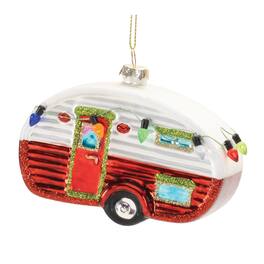 BreeBe - Glittered Glass Camper Ornament (Set of 12) - Red, White