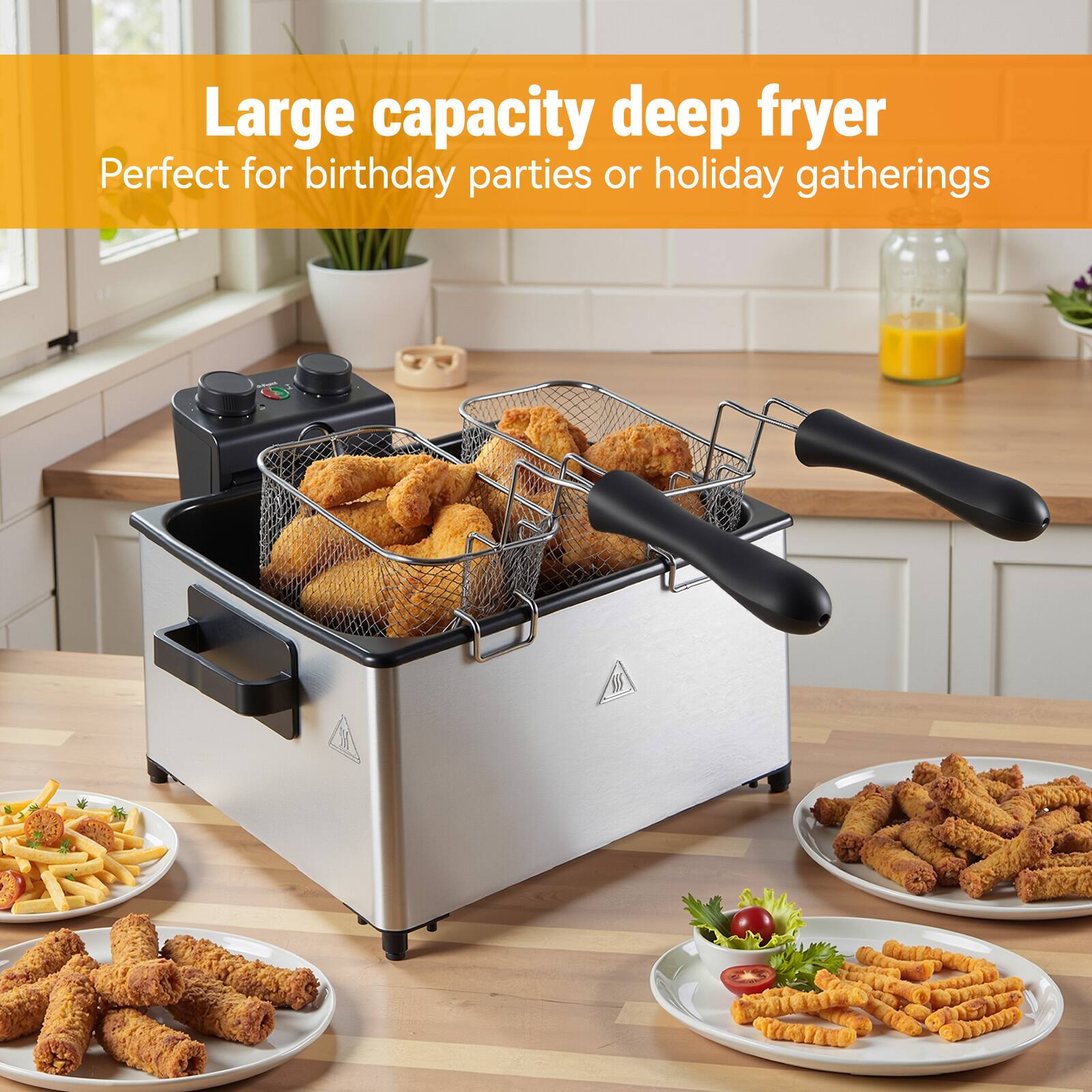 Large capacity deep fryer  
Perfect for birthday parties or holiday gatherings