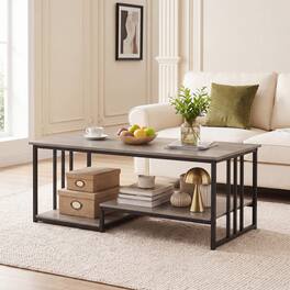 WELLFOR - 43.5" 2-Tier Coffee Table with Open Storage Shelf, Industrial Living Room Table Indoor Cocktail Table with Metal Frame - Oak