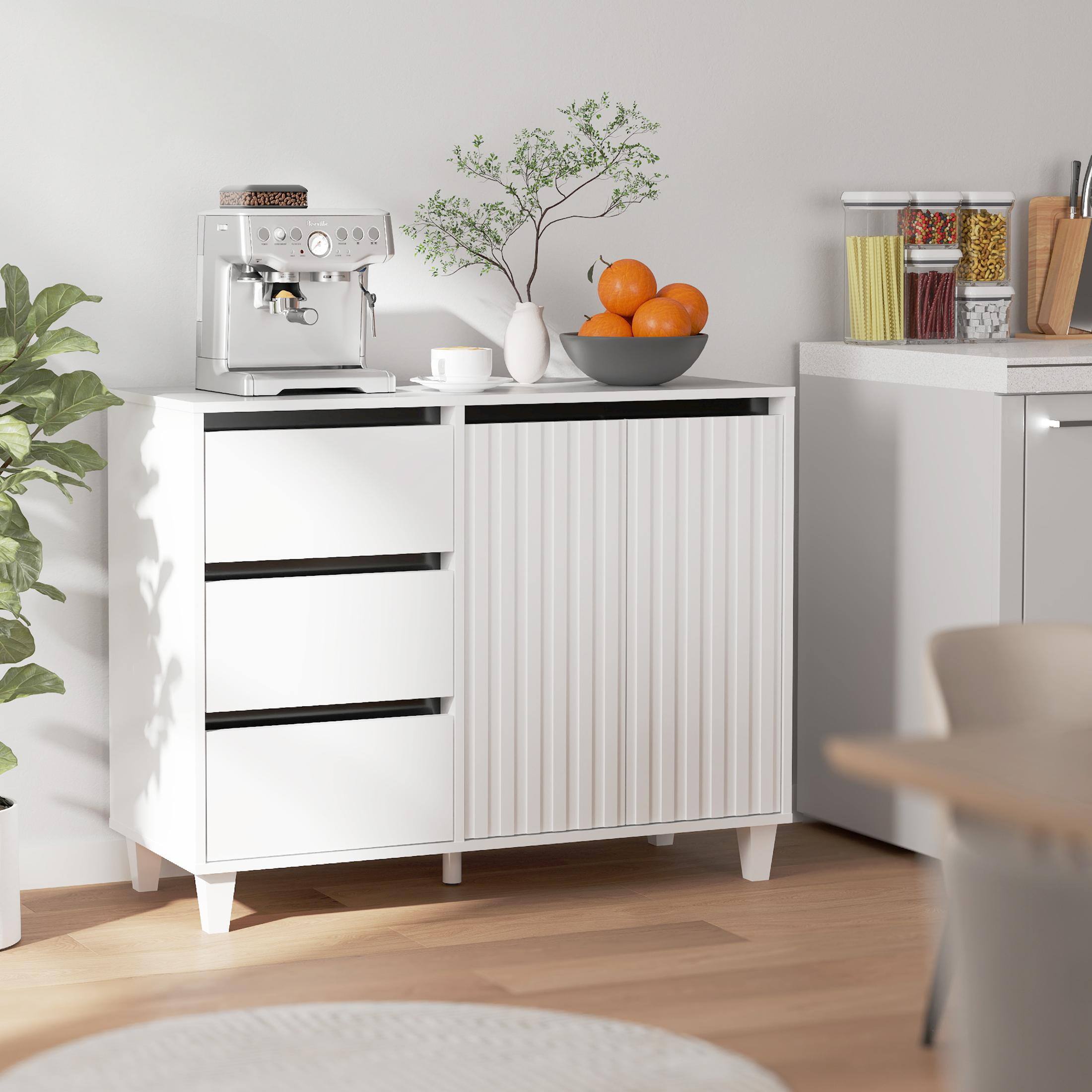 Alt View 7. Skyzoo - Skyzoo Buffet Sideboard with 3 Drawers & Adjustable Shelf, Farmhouse Kitchen Storage Cabinet - White.