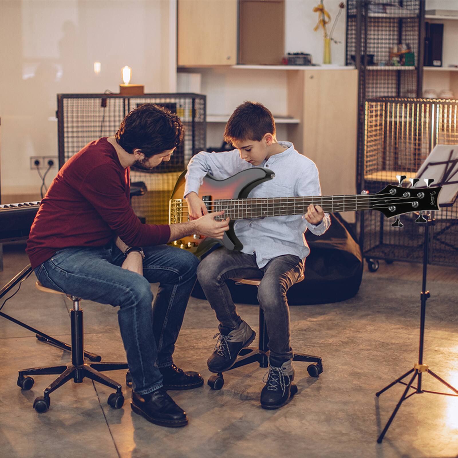 Back. Winado - 5 String Electric Bass Guitar, Full Size Standard Right Handed Rosewood Fretboard Bass Kit with Gig Bag Strap Cable.