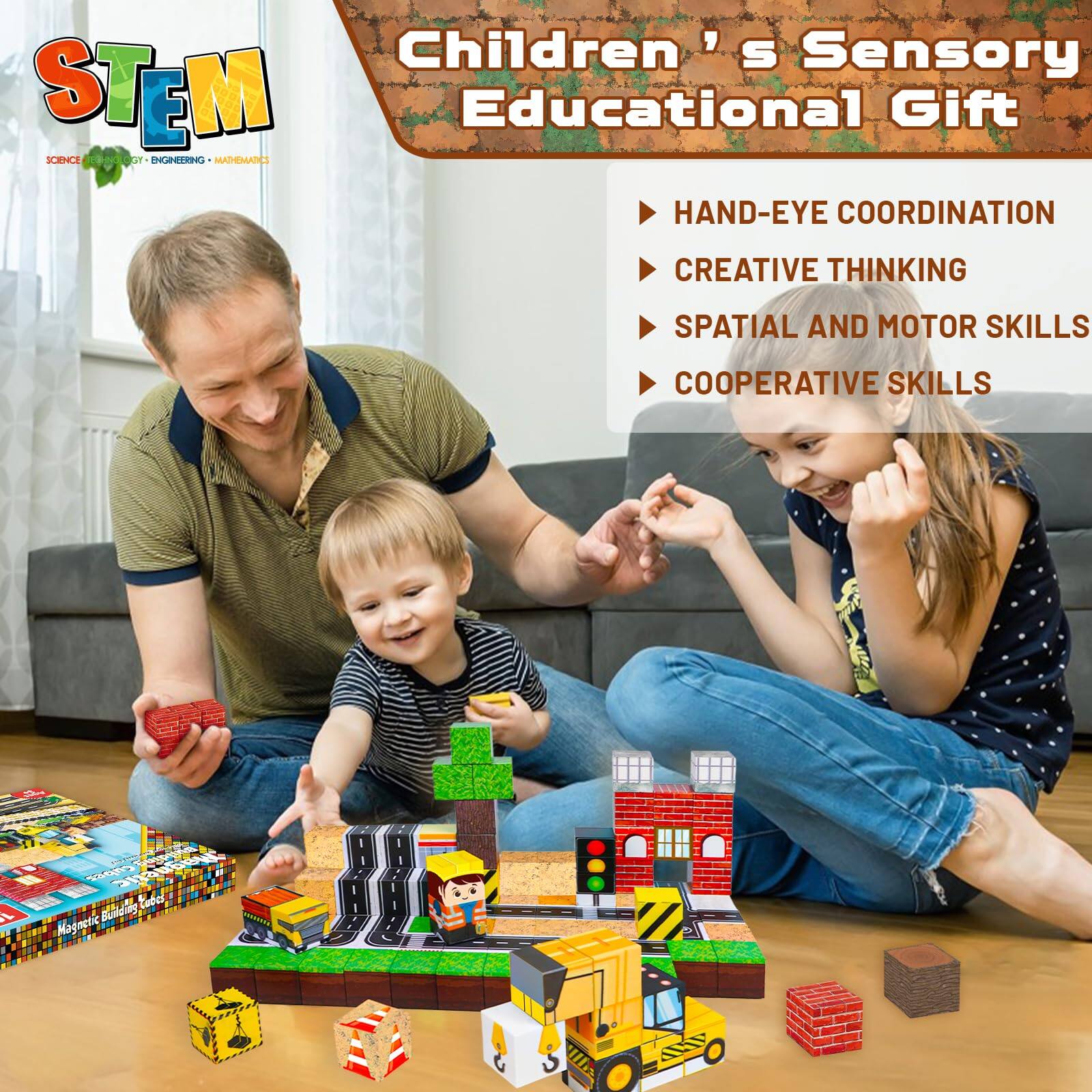 Children's Sensory Educational Gift

- HAND-EYE COORDINATION
- CREATIVE THINKING
- SPATIAL AND MOTOR SKILLS
- COOPERATIVE SKILLS

STEM  
SCIENCE TECHNOLOGY ENGINEERING MATHEMATICS