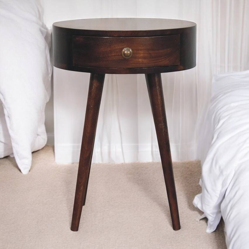 Alt View 6. Artisan Furniture - Artisan Furniture Solid Wood, Nordic California Walnut Circular Shaped Bedside, 1 Drawer, Nordic Legs, Dark Brown - Walnut Finish.