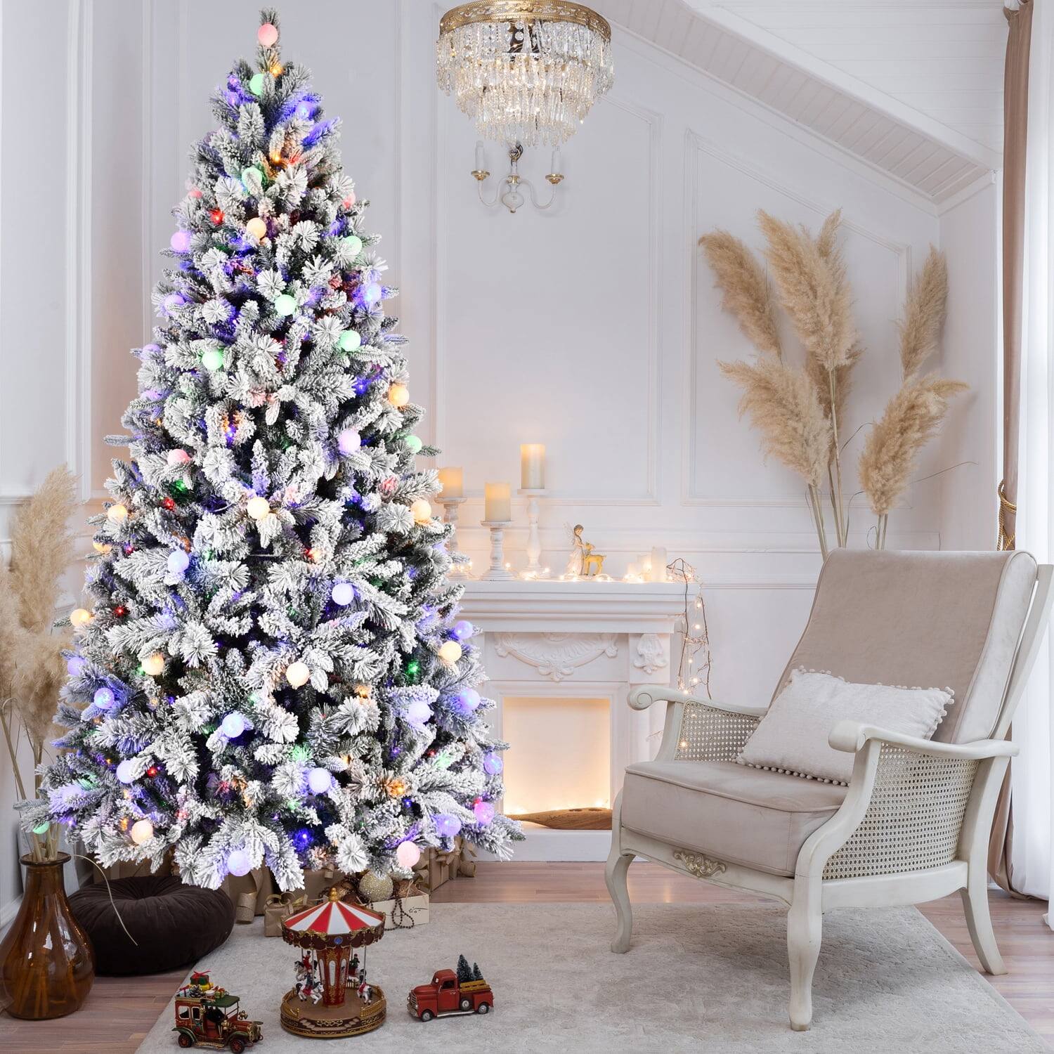 Left. Pefilos - 7.5ft Artificial Flock Christmas Tree with 1523PE/PVC Mixed Branch Tips & 400L Warm White Lights, Hinged Foldable Base - White.