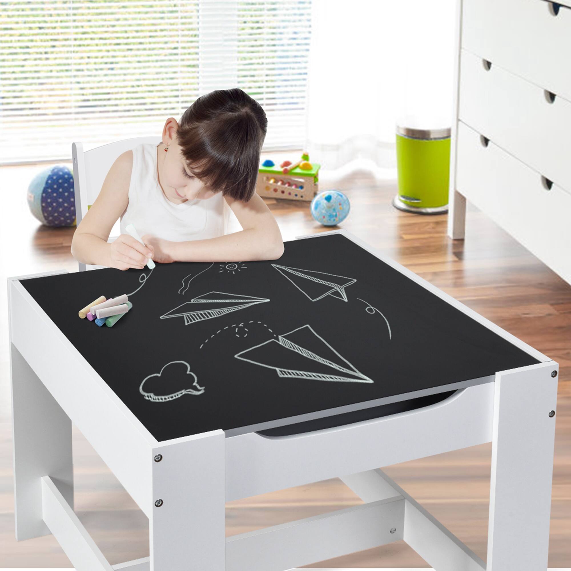 Alt View 4. Costway - Costway Kids Table Chairs Set With Storage Boxes Blackboard Whiteboard Drawing - Gray.