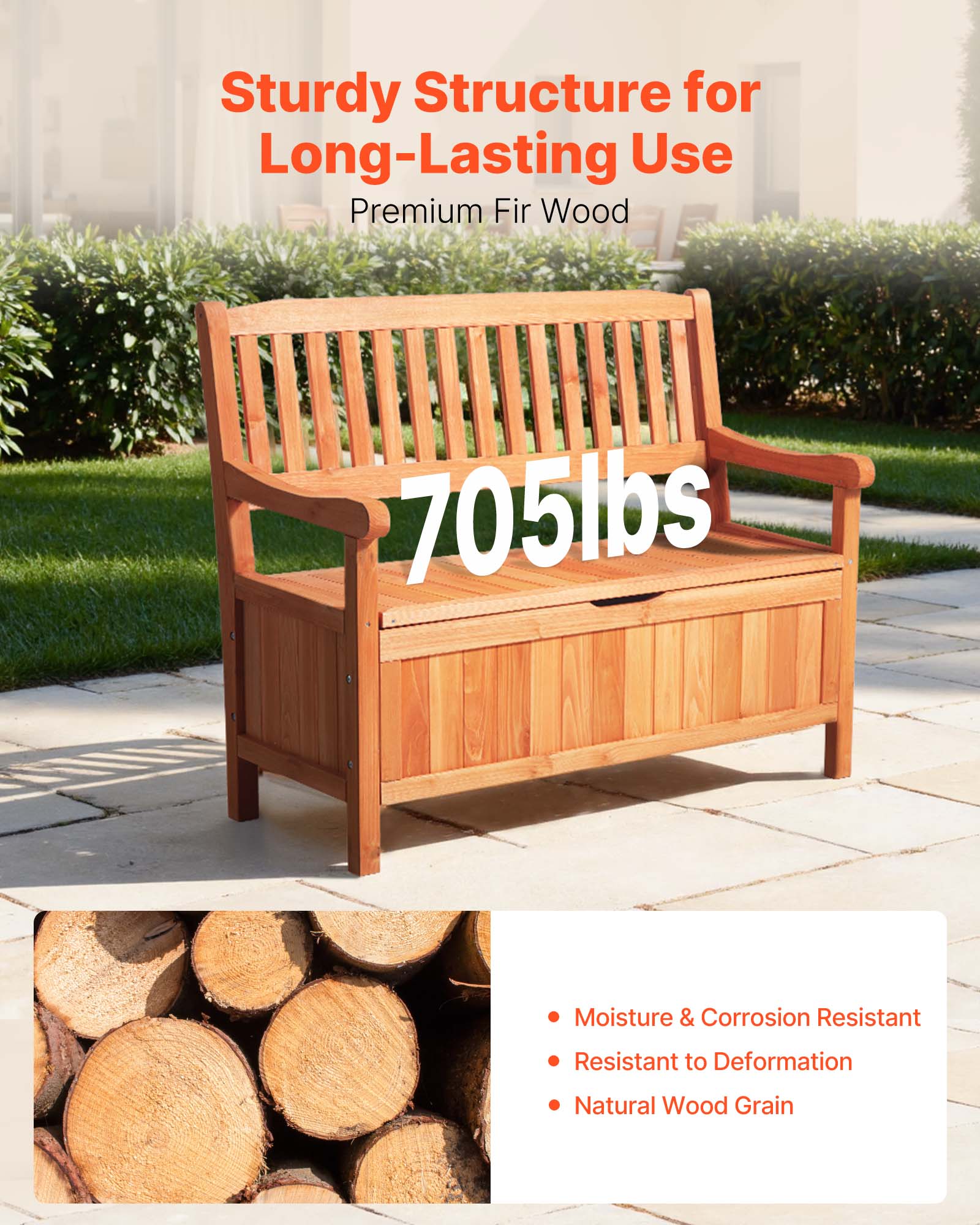Sturdy Structure for Long-Lasting Use  
Premium Fir Wood  
705lbs  

- Moisture & Corrosion Resistant  
- Resistant to Deformation  
- Natural Wood Grain