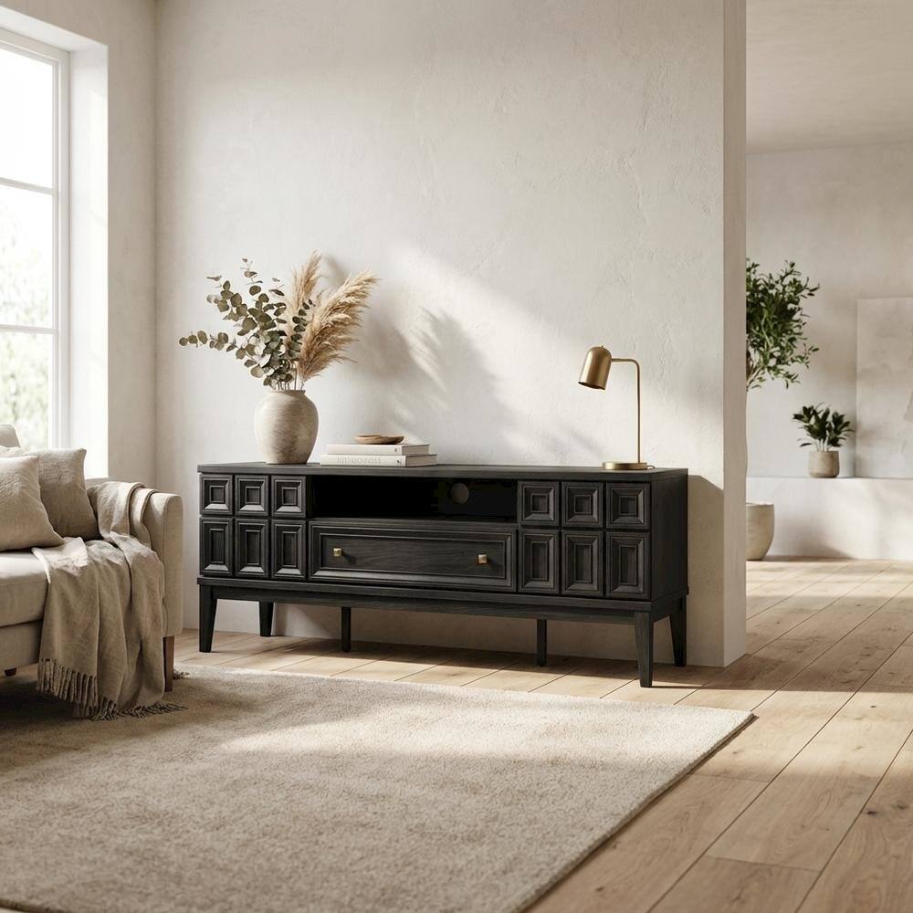 Left. FurniFact - Black TV Stand with Engineered Wood Construction for Living Room Storage - Black.