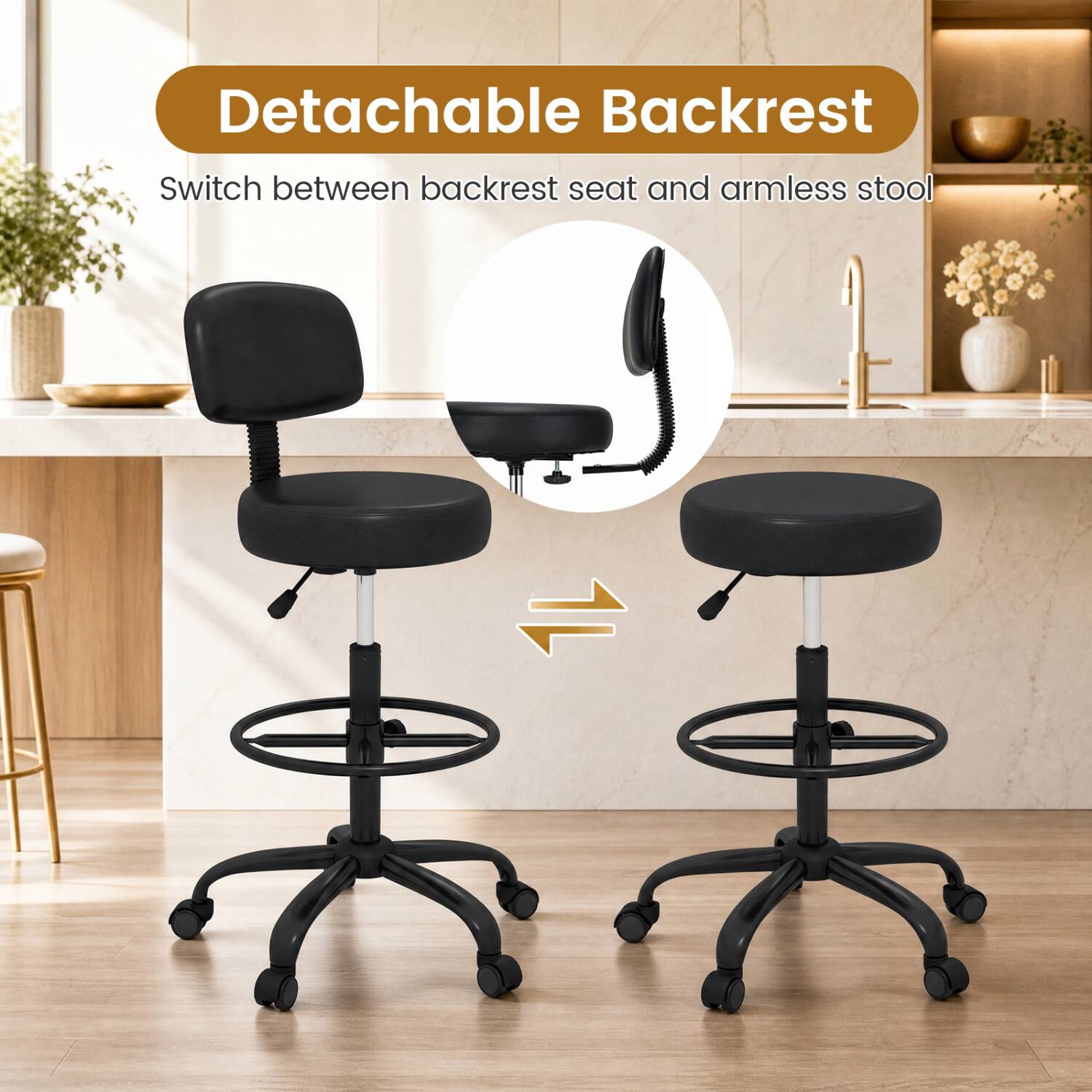 Detachable Backrest  
Switch between backrest seat and armless stool