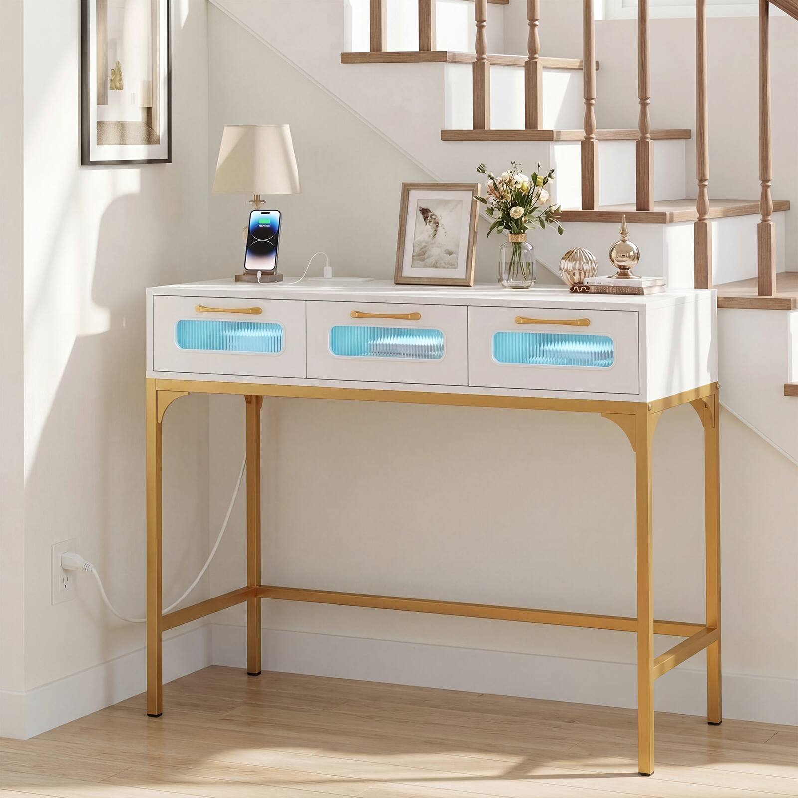 Alt View 3. Costway - Costway Console Table with LED Lighting & Charging Station,Entryway Table with 3 Drawers - White+ Golden.