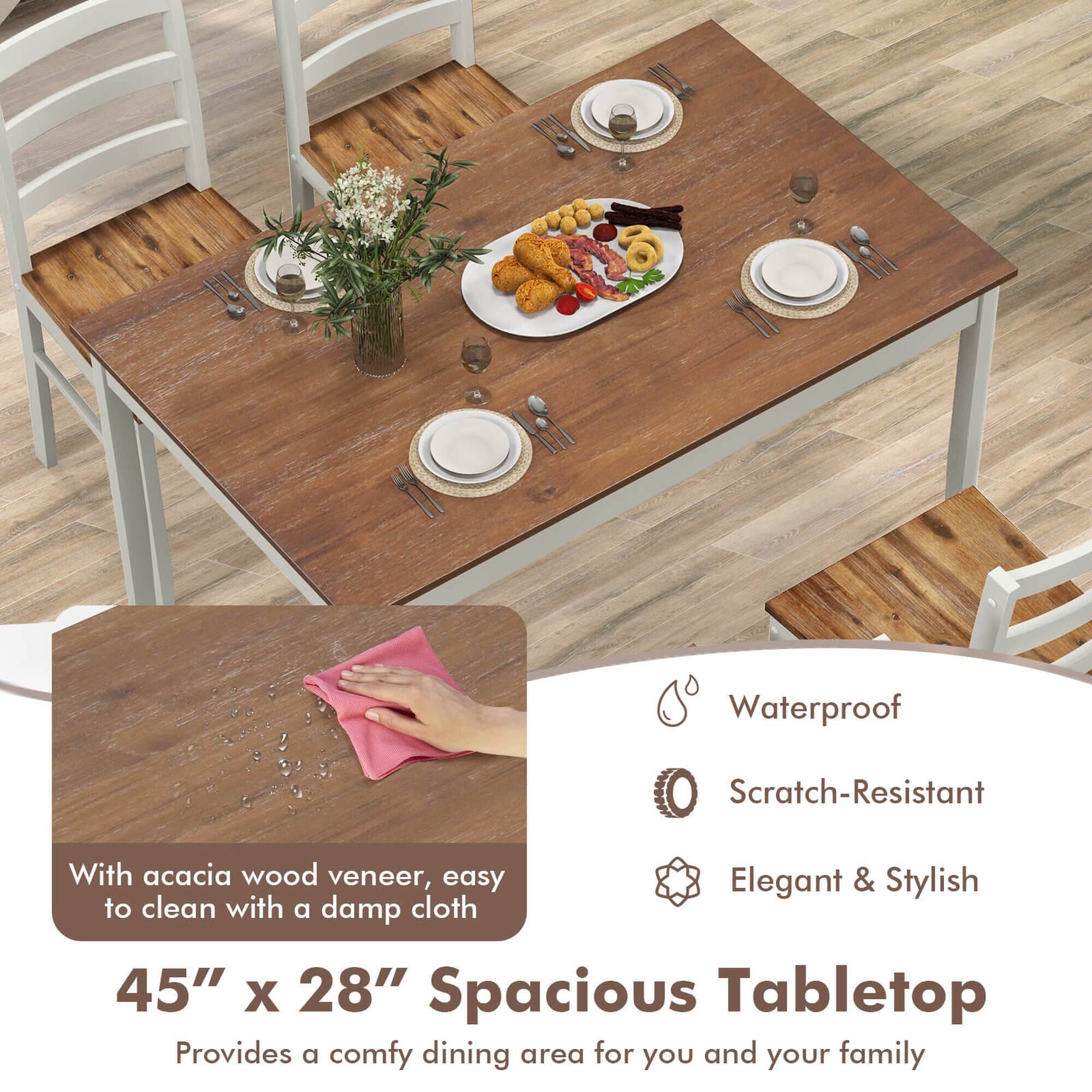 The image features a wooden dining table with a pink cloth on it. The table is set with plates, forks, knives, and spoons, creating an inviting atmosphere for a meal. The table is also waterproof and scratch-resistant, making it a durable and practical choice for a family dining area. The acacia wood veneer adds an elegant touch to the table, while the spacious tabletop provides ample room for everyone to enjoy their meal comfortably.