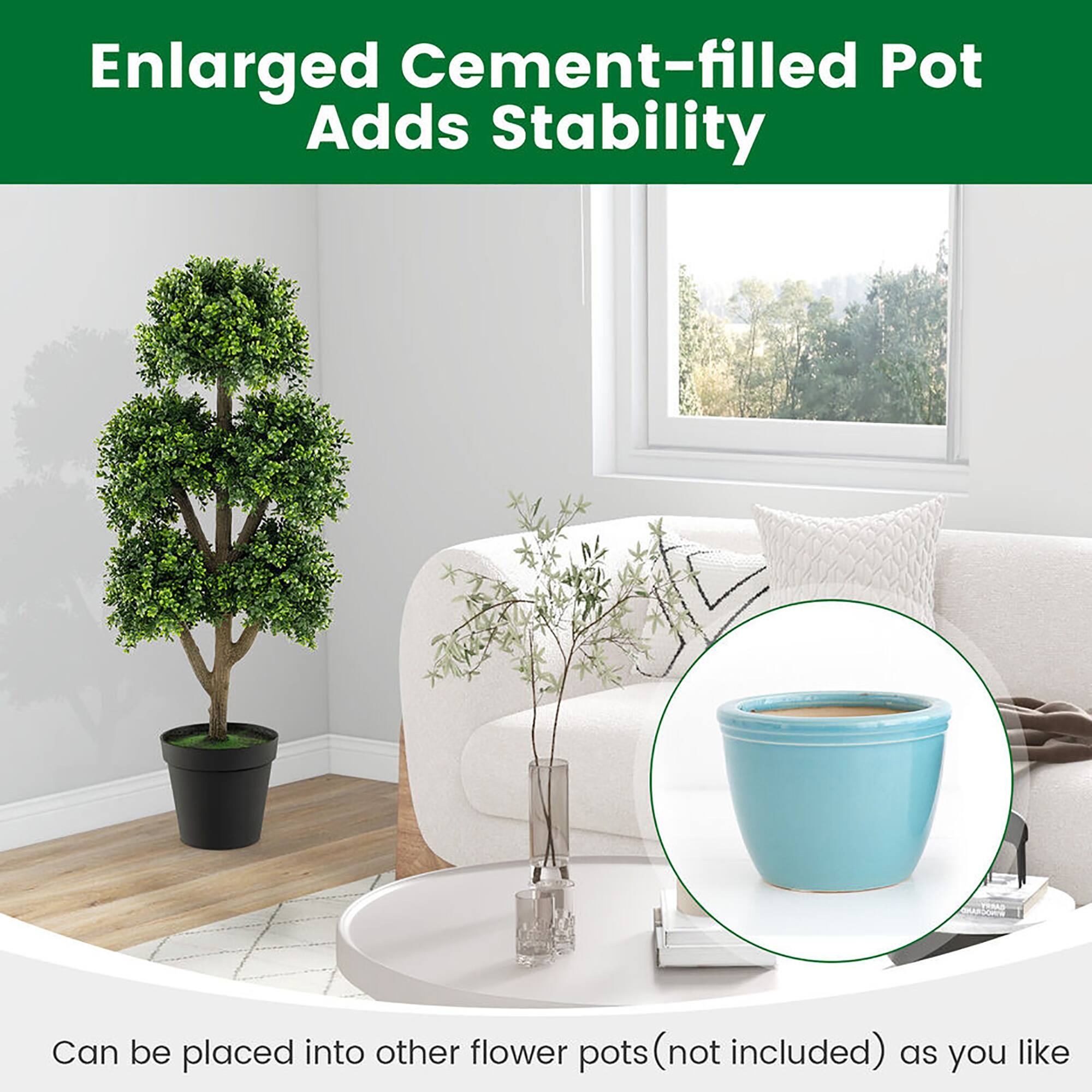 Enlarged Cement-filled Pot Adds Stability

Can be placed into other flower pots (not included) as you like