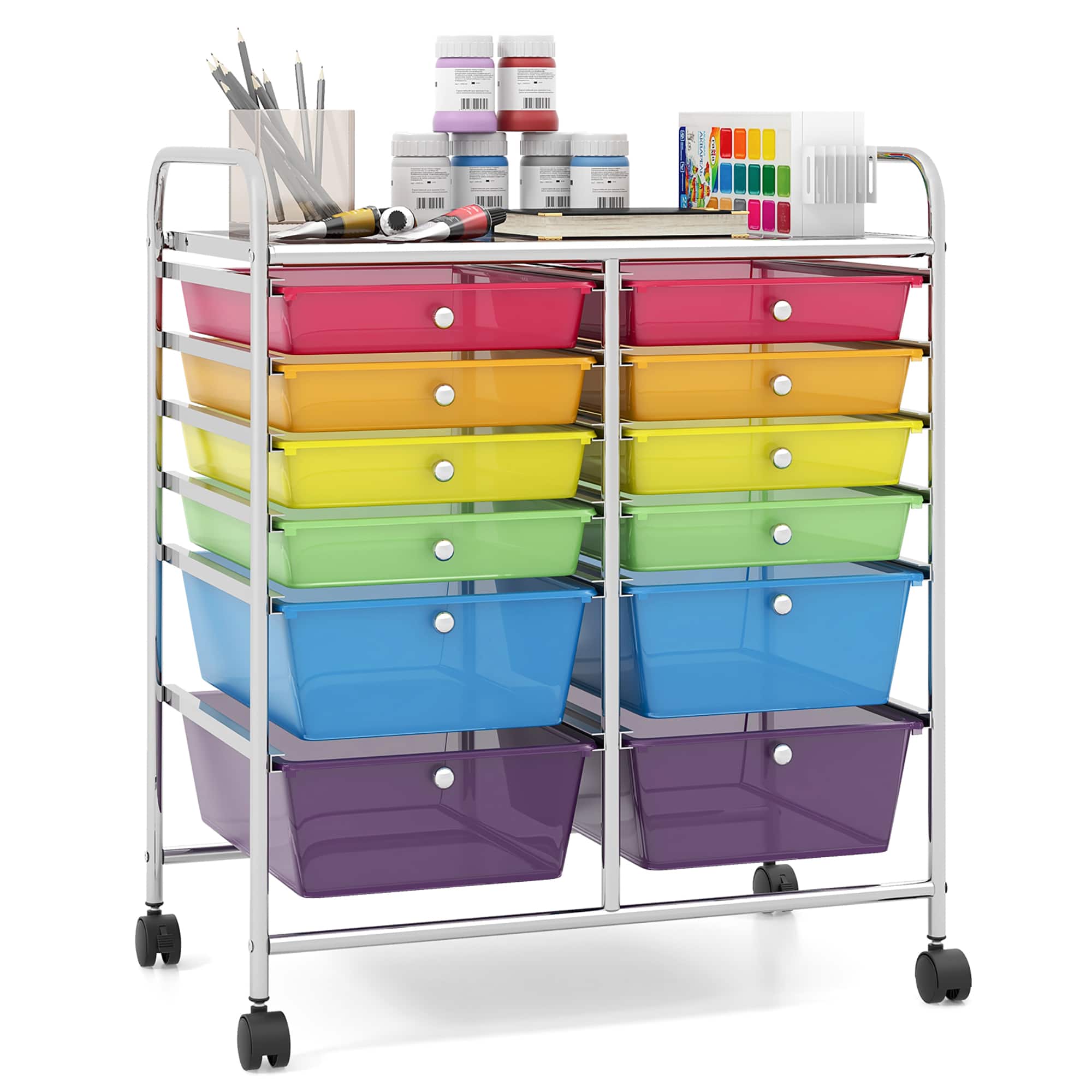 Gymax - Office Rolling Cart 12 Storage Drawer Studio Organizer Bins Scrapbook Paper - Colorful