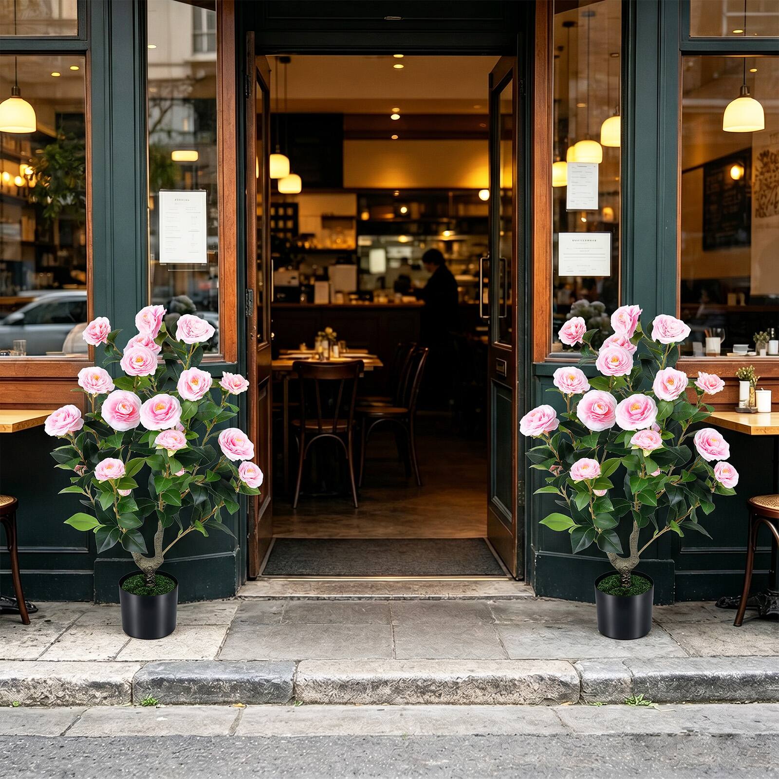 Alt View 3. Costway - Costway Artificial Camellia Tree, Faux Flower Plant in Cement-Filled Pot, Indoor Outdoor - Pink.