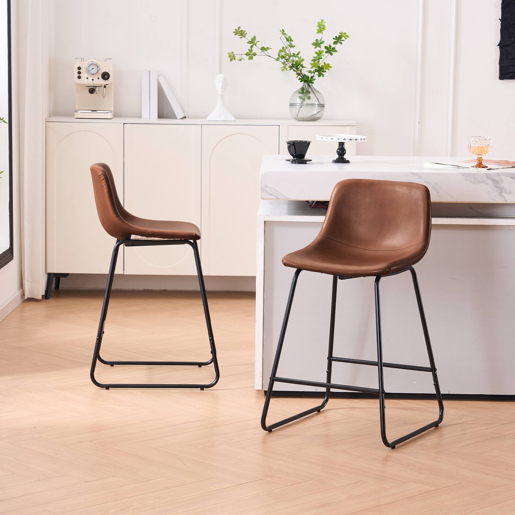 Back. FERPIT - FERPIT Bar Stools Set of 2 Faux Leather Counter Height Bar Stools with Back, Dark Brown, 24" - Dark Brown.