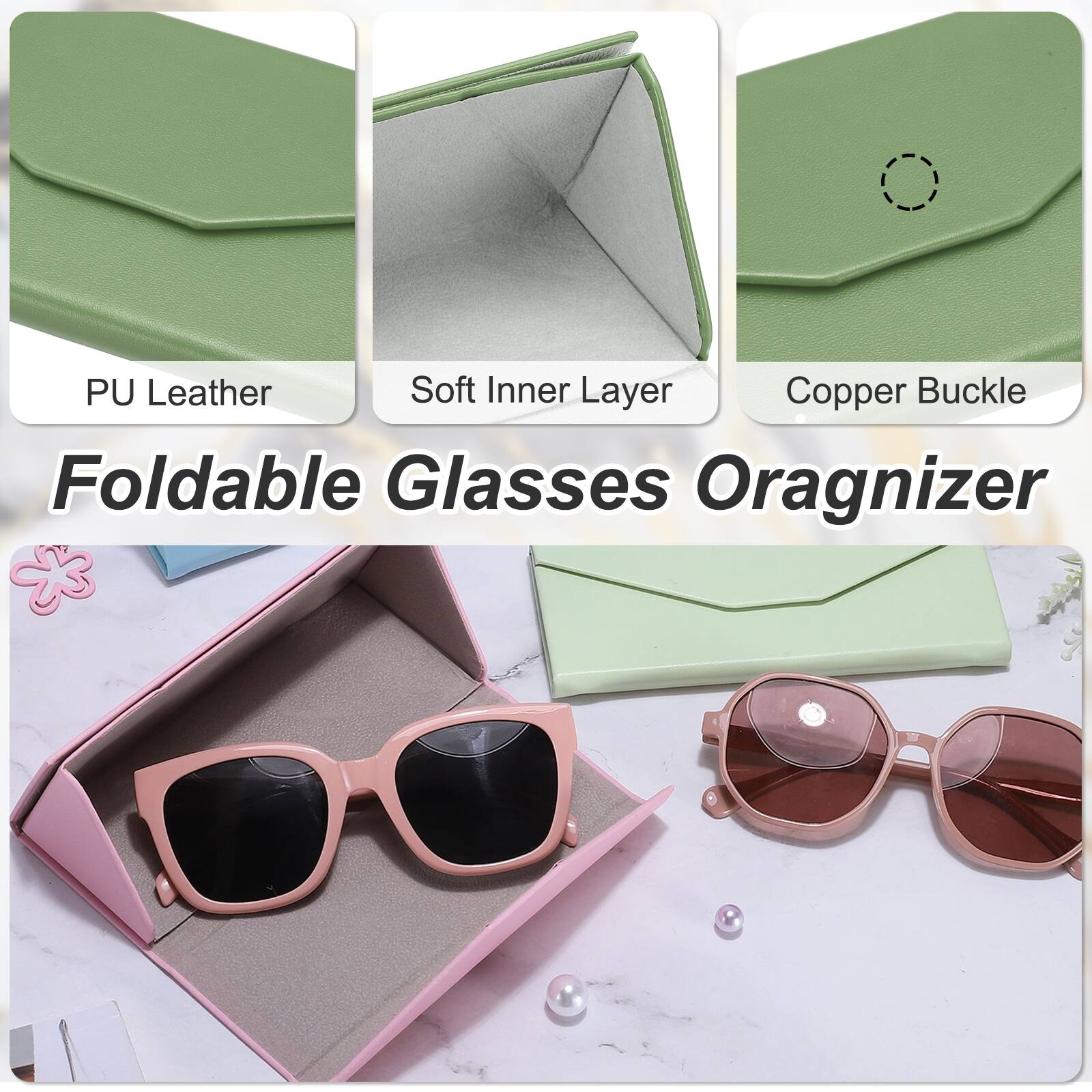 PU Leather Soft Inner Layer Copper Buckle Foldable Glasses Organizer