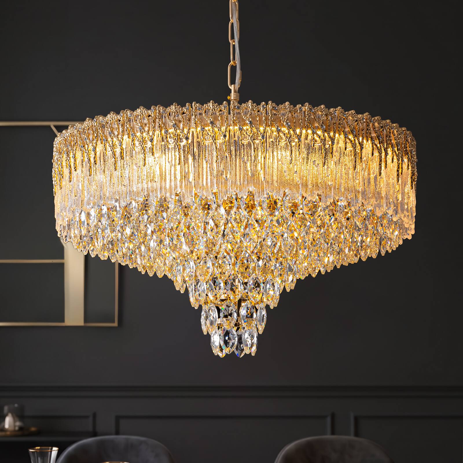 Front. Siljoy - 24'' Modern Gold Crystal Chandelier, 16-Light Luxury Round K9 Crystal Chandelier for Dining Room - Gold.