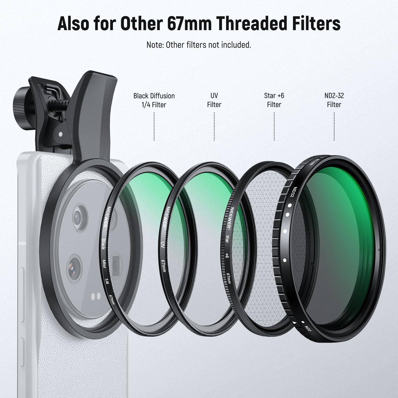Also for Other 67mm Threaded Filters  
Note: Other filters not included.  

- Black Diffusion 1/4 Filter  
- UV Filter  
- Star +6 Filter  
- ND2-32 Filter  

NEEWER Black Mist 1.44 67  
NEEWER UV 67mm  
NEEWER ND32