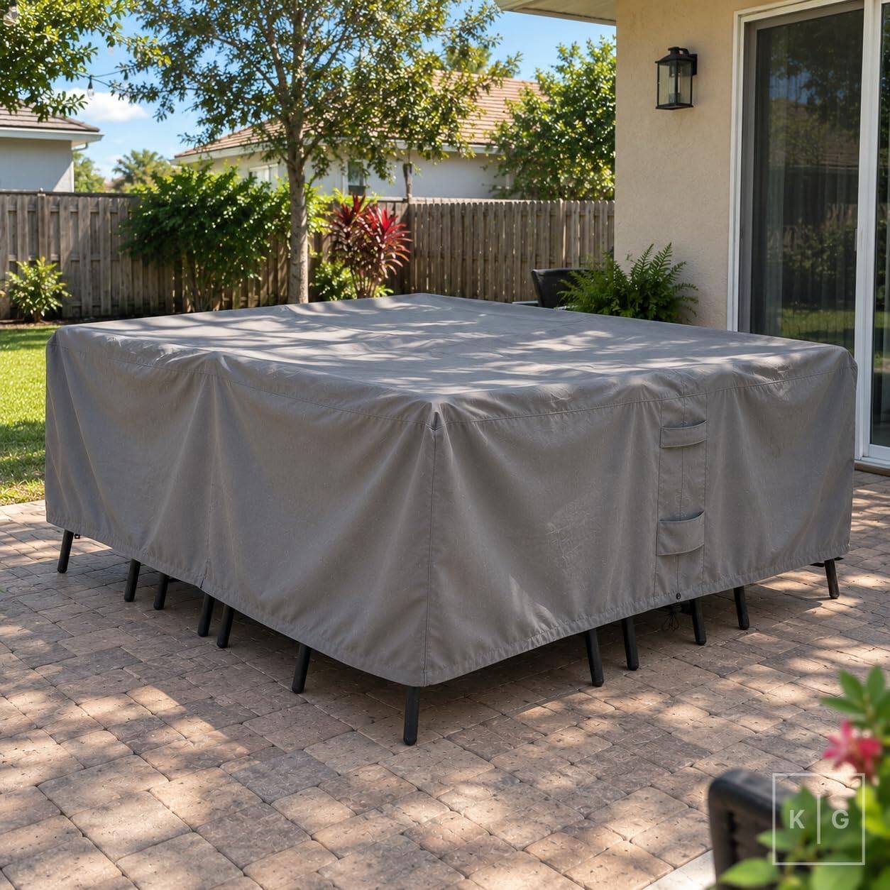 Alt View 4. KHOMO GEAR - Patio Furniture Cover Waterproof, Rectangular Outdoor Table and Chair Set Cover, Fits 6-8 Chairs - 128"L x 82"W x 25"H - Gray.