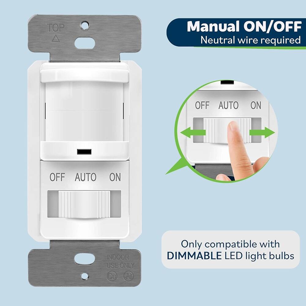 Manual ON/OFF  
Neutral wire required  

OFF AUTO ON  

Only compatible with DIMMABLE LED light bulbs  

INDOOR USE ONLY  
Cu Only