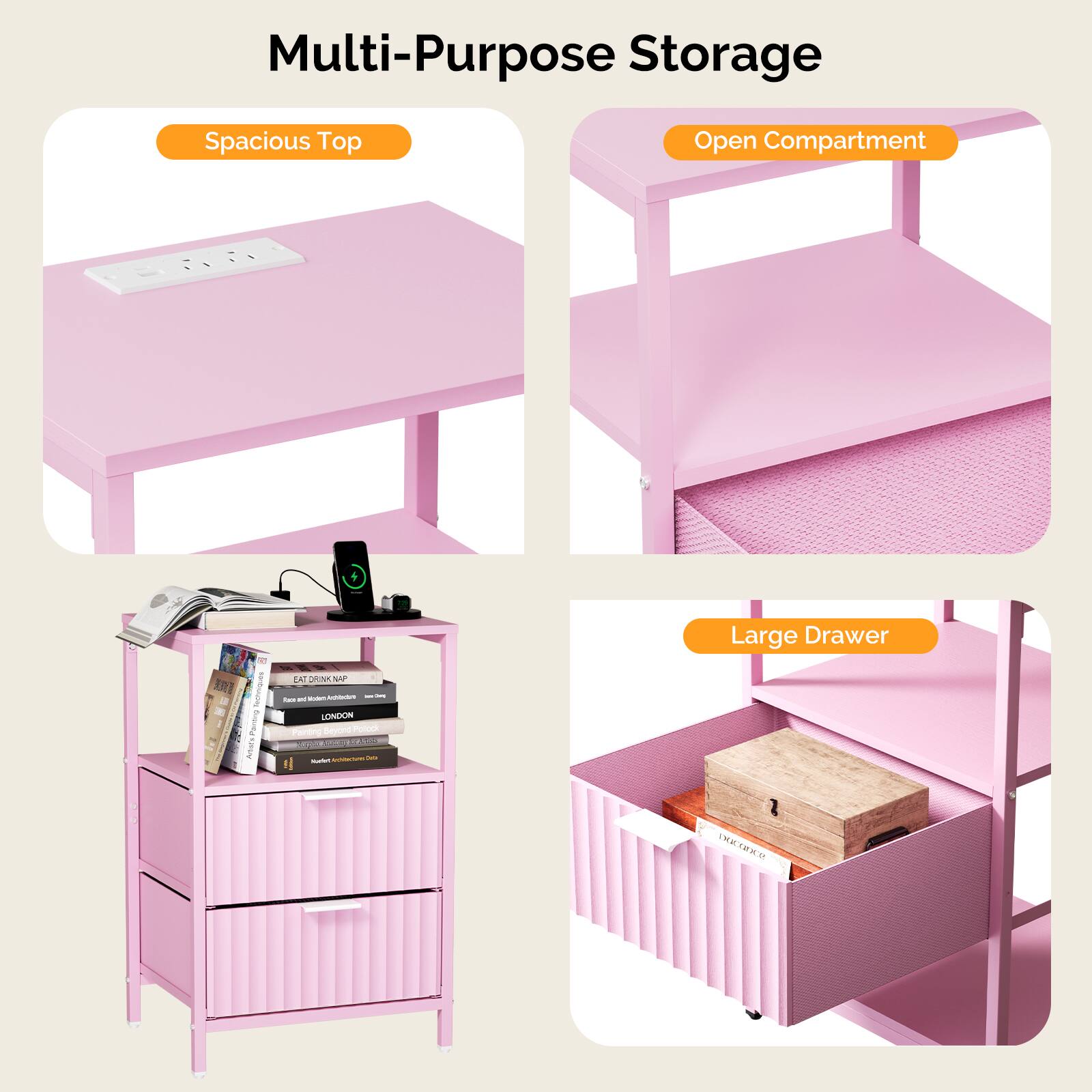 Multi-Purpose Storage

- Spacious Top
- Open Compartment
- Large Drawer