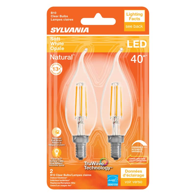Sylvania - Natural B10 E12 (Candelabra) LED Bulb Soft White 40 Watt Equivalence 2 pk