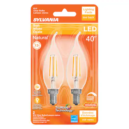 B10 Clear Bulbs
Lampes claires
SYLVANIA
Soft White Opale
Natural™
LED
40W*
LASTS/DURE 13+ YEARS/AN
Lighting Facts
see back
Reduced Eye Strain
Rduit la fatigue oculaire
Clean and Natural Light
Une lumire naturelle saine
TruWave Technology™
DIMMABLE
INTENSIT VARIABLE
CANDLELABRA BASE
CULOT CANDELIERE
2 B10 Clear Bulbs/Lampes claires
Indoor/Outdoor
Intérieur/extérieur
Replaces/Remplace 40W
Uses/Les usages 4W*
ENERGY STAR
Données d'éclairage
voir verso
*Based on 3 hours/day, 8760 hours/year.