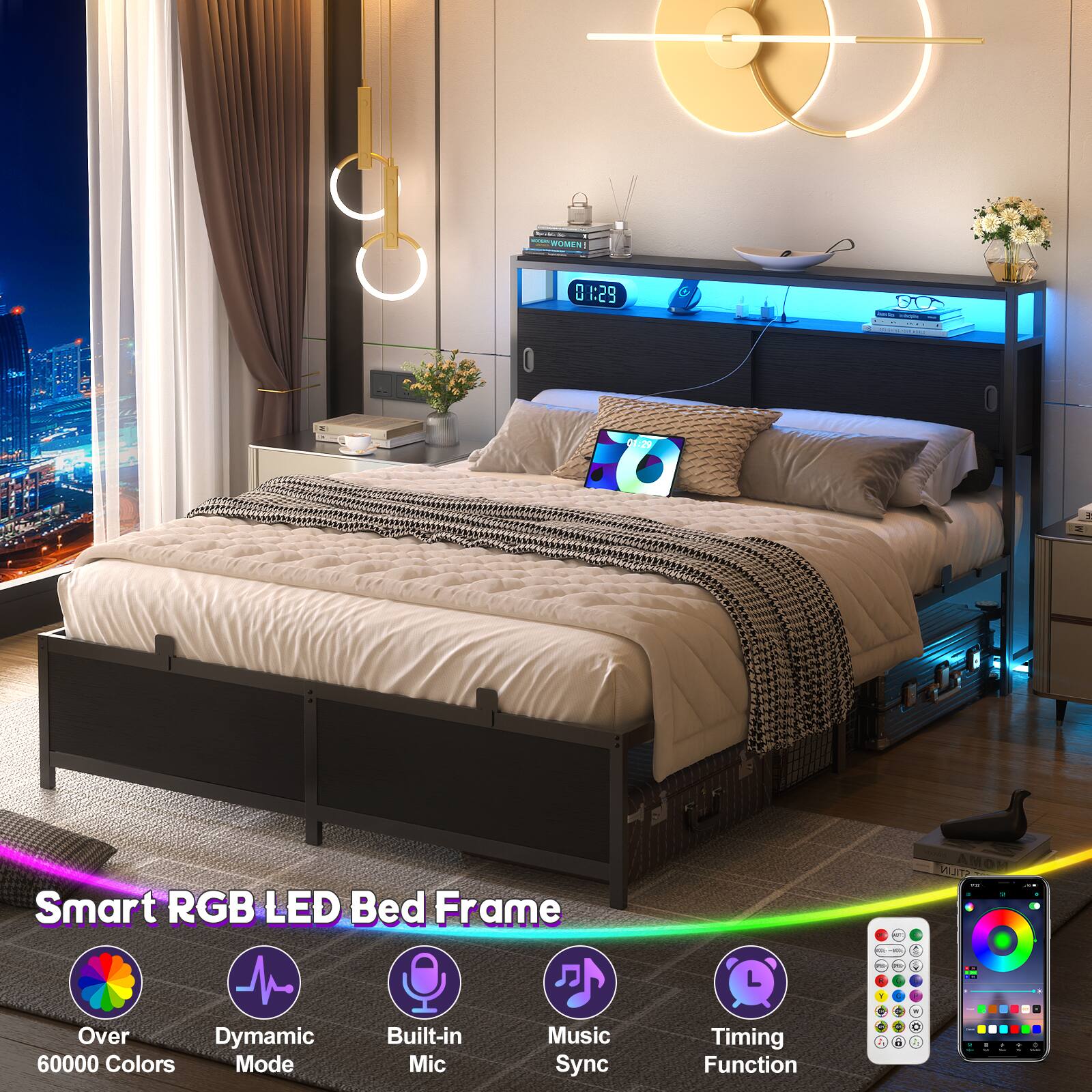 Smart RGB LED Bed Frame

- Over 60000 Colors
- Dynamic Mode
- Built-in Mic
- Music Sync
- Timing Function