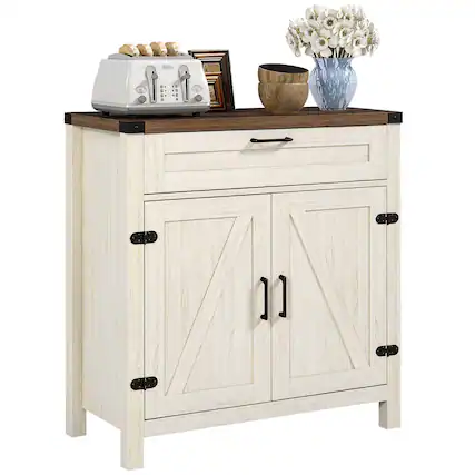 Front. Homcom - Farmhouse Sideboard with Storage, Buffet Cabinet with 2 Barn Doors and Drawer for Dining Room - Distressed White.