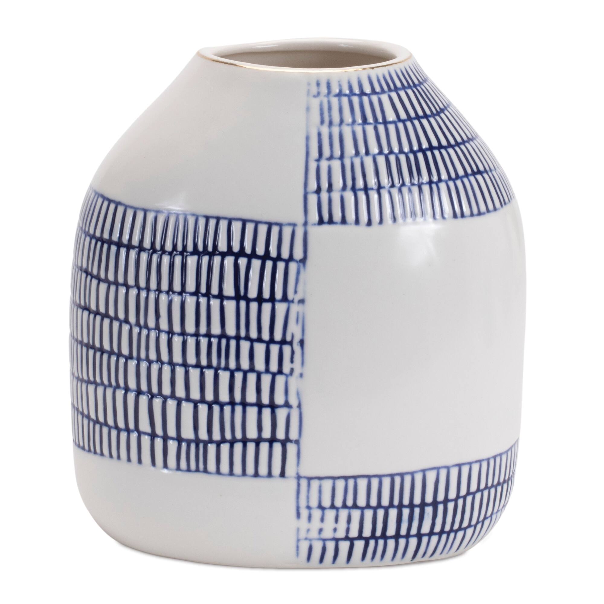 Angle. BreeBe - Etched Ceramic Bud Vase (Set of 2) - White, Blue.