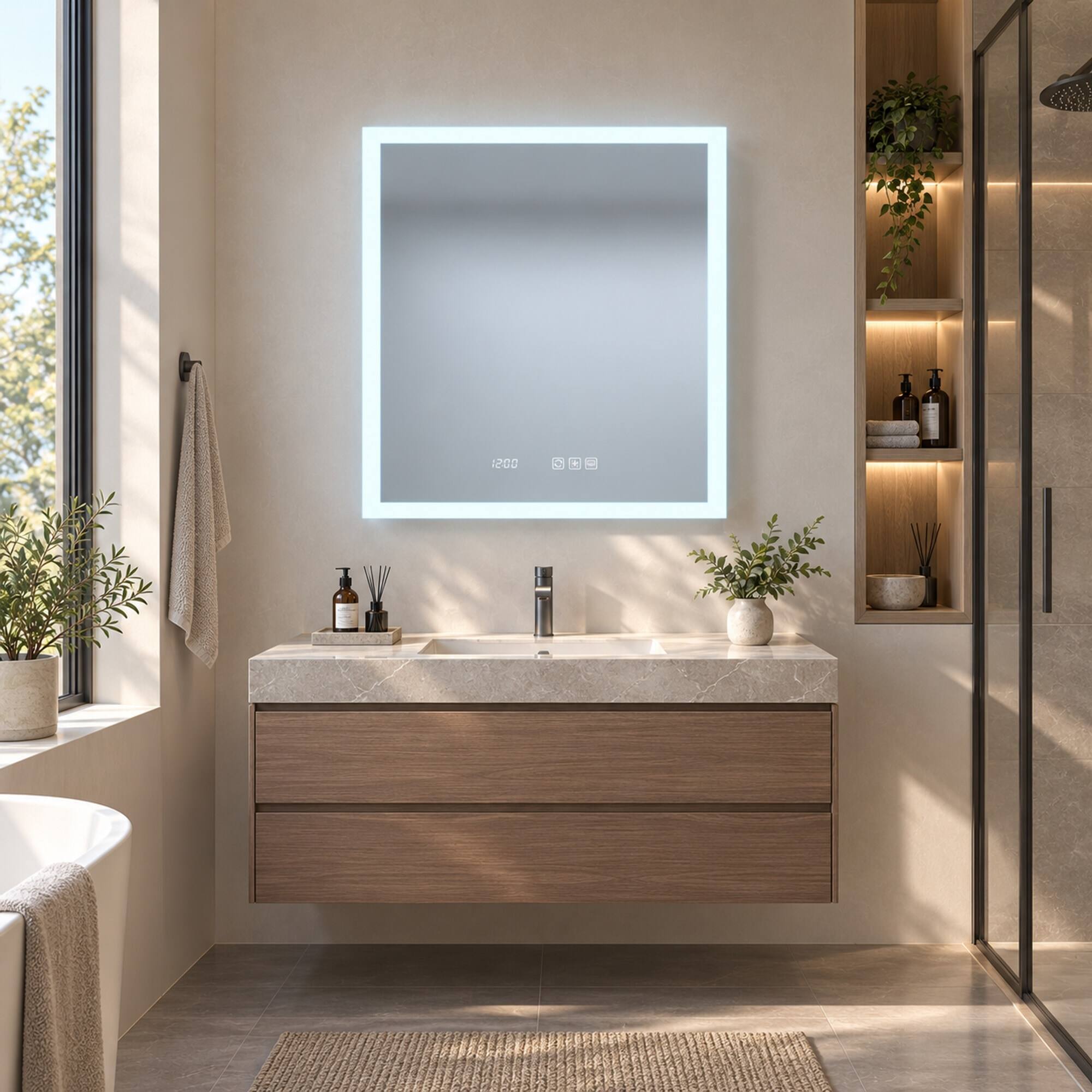 Alt View 1. RYHNUYNE - 24 in W x 30 in H Aluminum, Right Recessed or Surface Mount, LED Light and Clock - Silver.