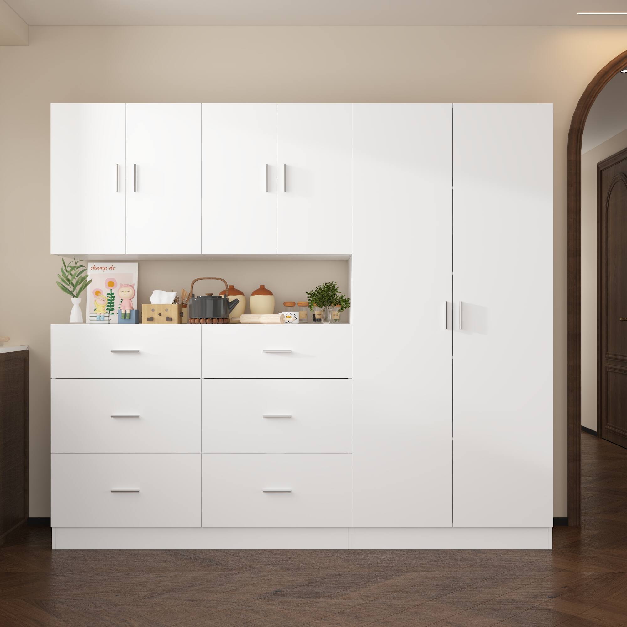 Back. FUFU&GAGA - Large Modular Kitchen Storage Cabinet Buffet Hutch with Drawers Shelves and Adjustable Combination Design for Home - White.