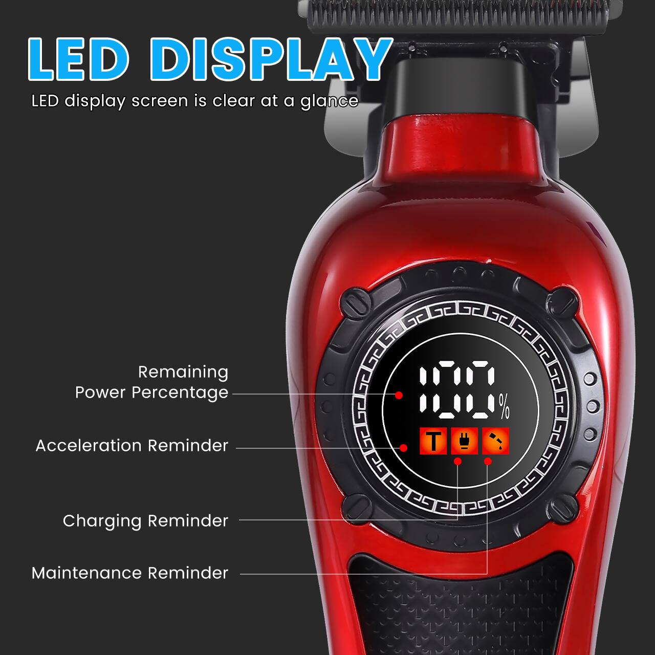 LED DISPLAY  
LED display screen is clear at a glance

- Remaining Power Percentage
- Acceleration Reminder
- Charging Reminder
- Maintenance Reminder