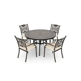 Mondawe - 5-Piece Outdoor Dining Set with Round Umbrella Hole Table and Cast Aluminum Chairs with Cushions - Bronze+White