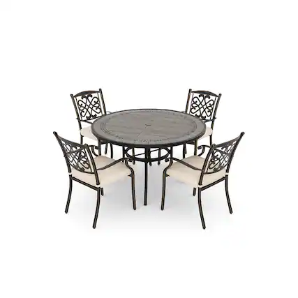Front. Mondawe - 5-Piece Outdoor Dining Set with Round Umbrella Hole Table and Cast Aluminum Chairs with Cushions - Bronze+White.