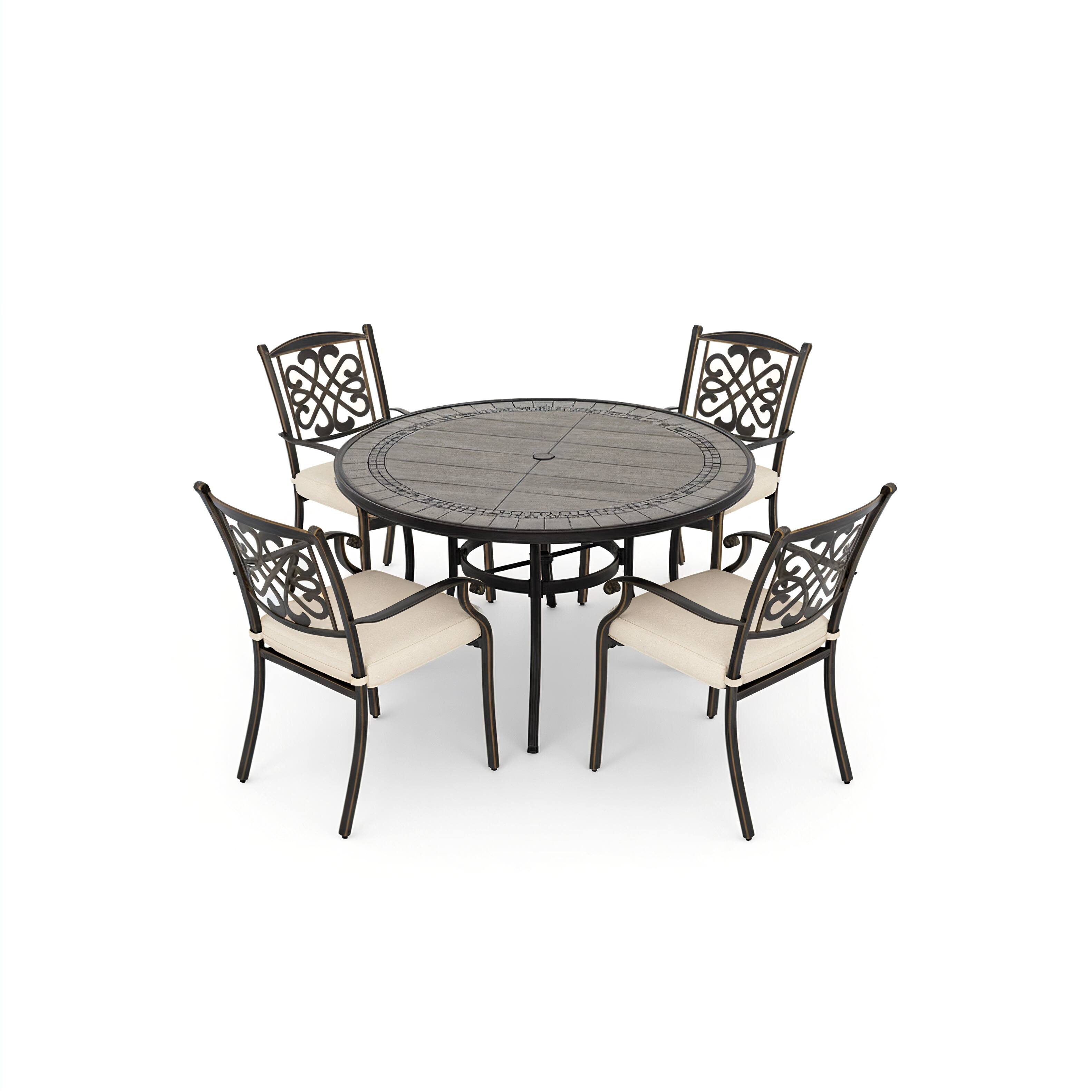 Front. Mondawe - 5-Piece Outdoor Dining Set with Round Umbrella Hole Table and Cast Aluminum Chairs with Cushions - Bronze+White.