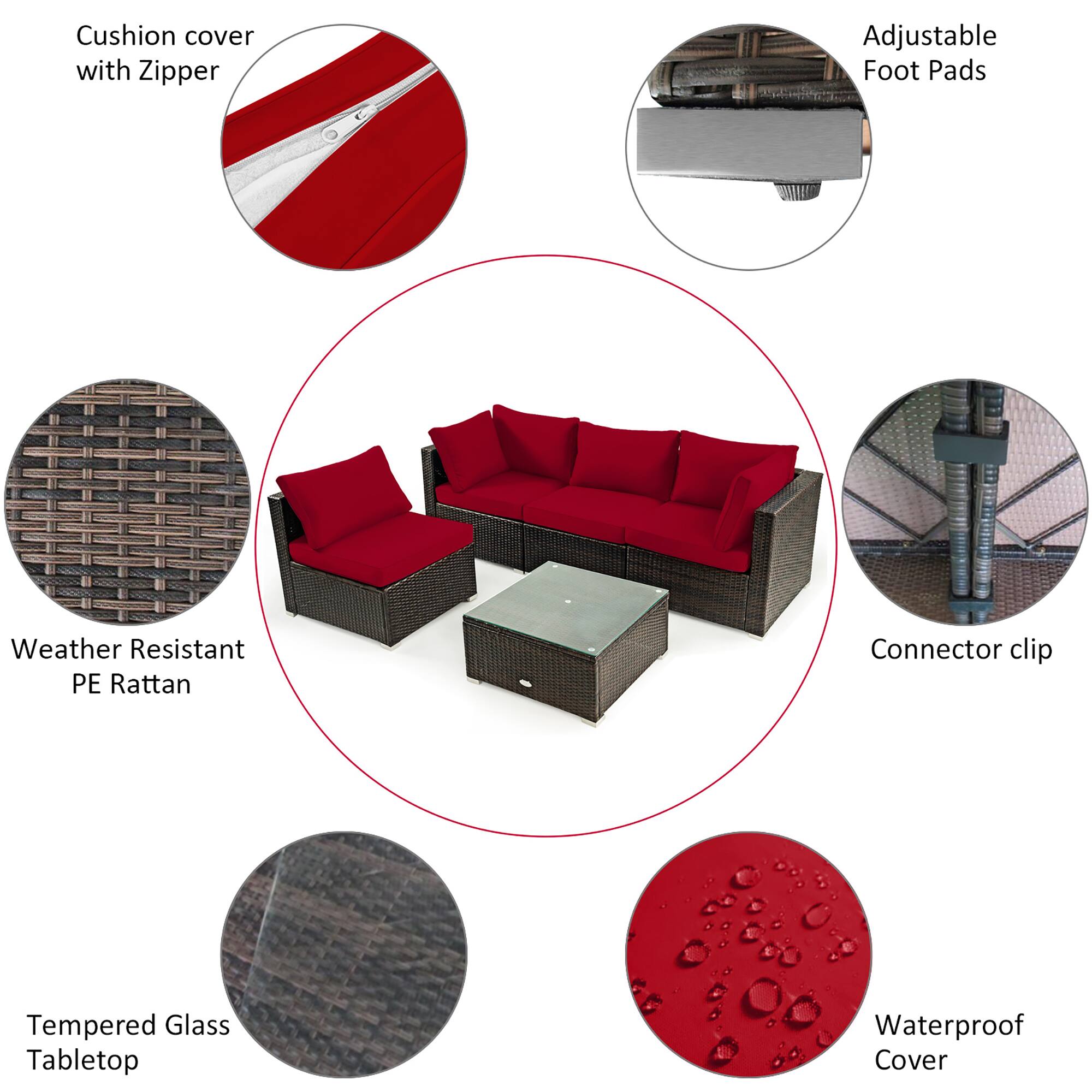 The image features a red couch with a footstool and a tabletop. The couch is surrounded by a variety of covers, including a weather-resistant PE Rattan cover, a tempered glass tabletop cover, and a waterproof cover. The couch is also accompanied by a footstool and a connector clip. The image showcases the different options available for protecting and enhancing the outdoor furniture.