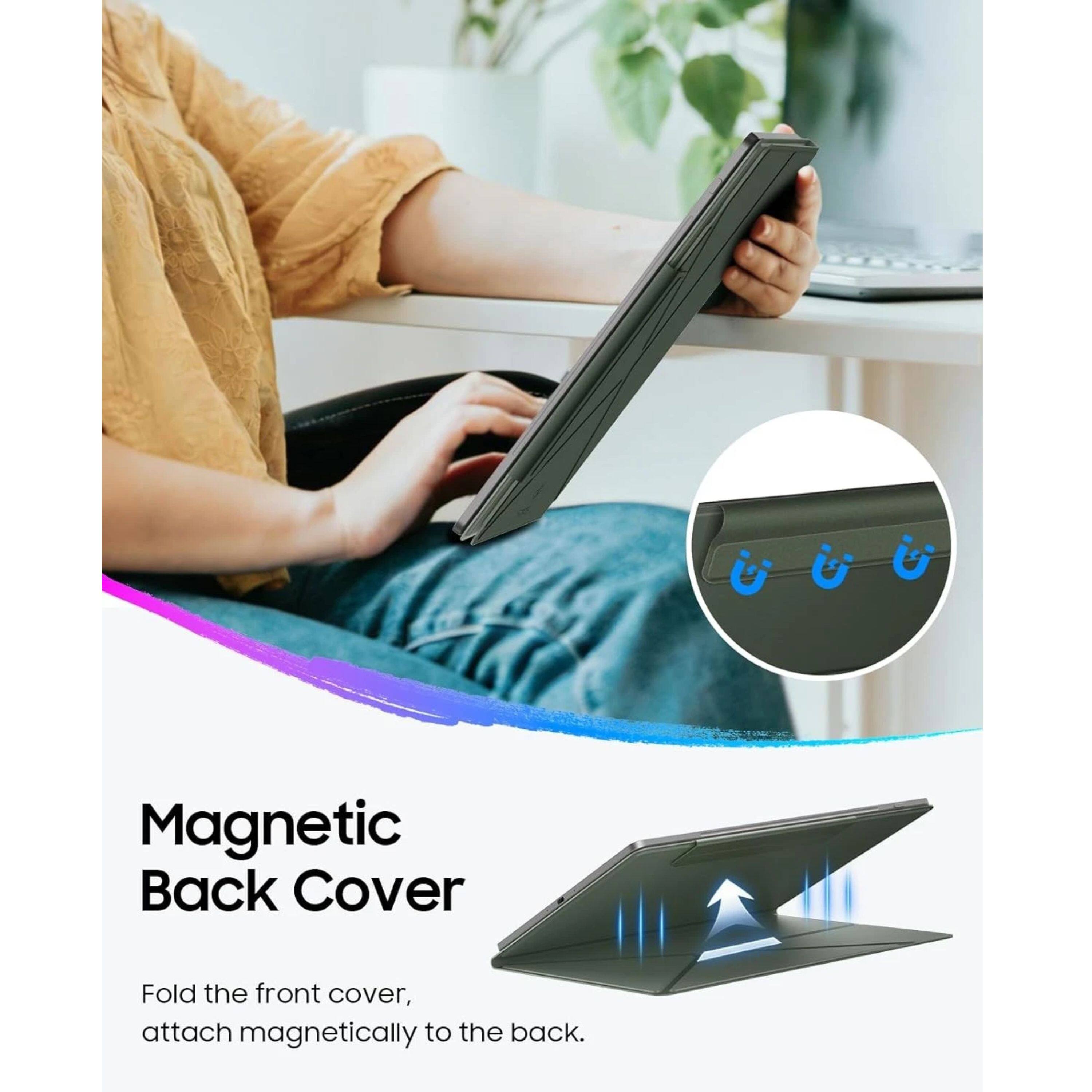Magnetic Back Cover

Fold the front cover, attach magnetically to the back.