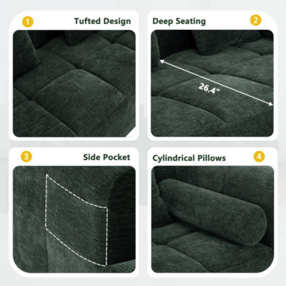 1. Tufted Design  
2. Deep Seating (26.4")  
3. Side Pocket  
4. Cylindrical Pillows