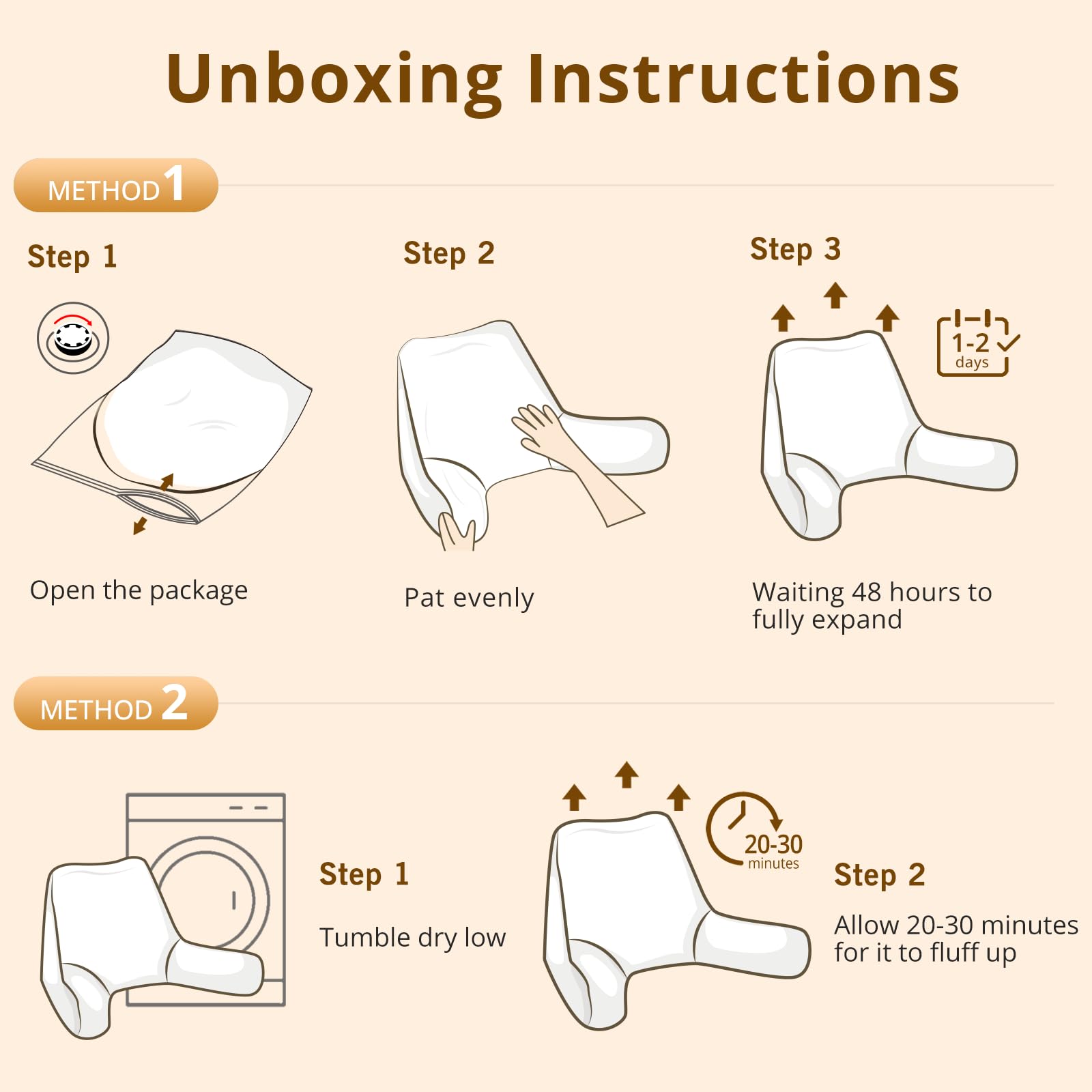 Unboxing Instructions

**METHOD 1**

- **Step 1:** Open the package
- **Step 2:** Pat evenly
- **Step 3:** Waiting 48 hours to fully expand

**METHOD 2**

- **Step 1:** Tumble dry low
- **Step 2:** Allow 20-30 minutes for it to fluff up