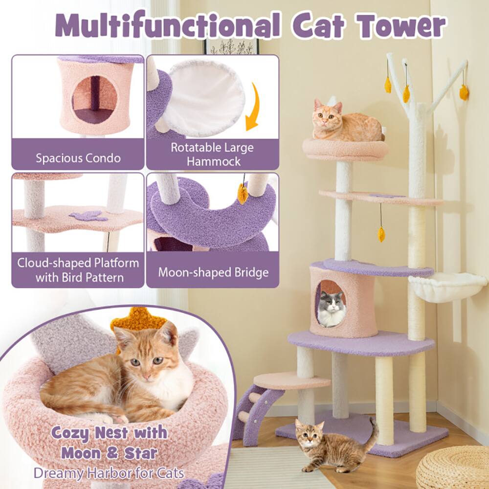 Multifunctional Cat Tower

- Spacious Condo
- Rotatable Large Hammock
- Cloud-shaped Platform with Bird Pattern
- Moon-shaped Bridge
- Cozy Nest with Moon & Star
- Dreamy Harbor for Cats