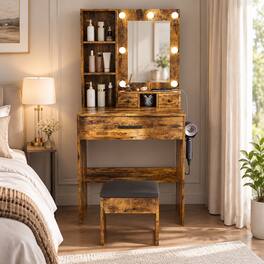 RYHNUYNE - Compact Vanity Table with Mirror, Adjustable LED Lights, Power Outlet, Hairdryer Holder, Stool - Vintage