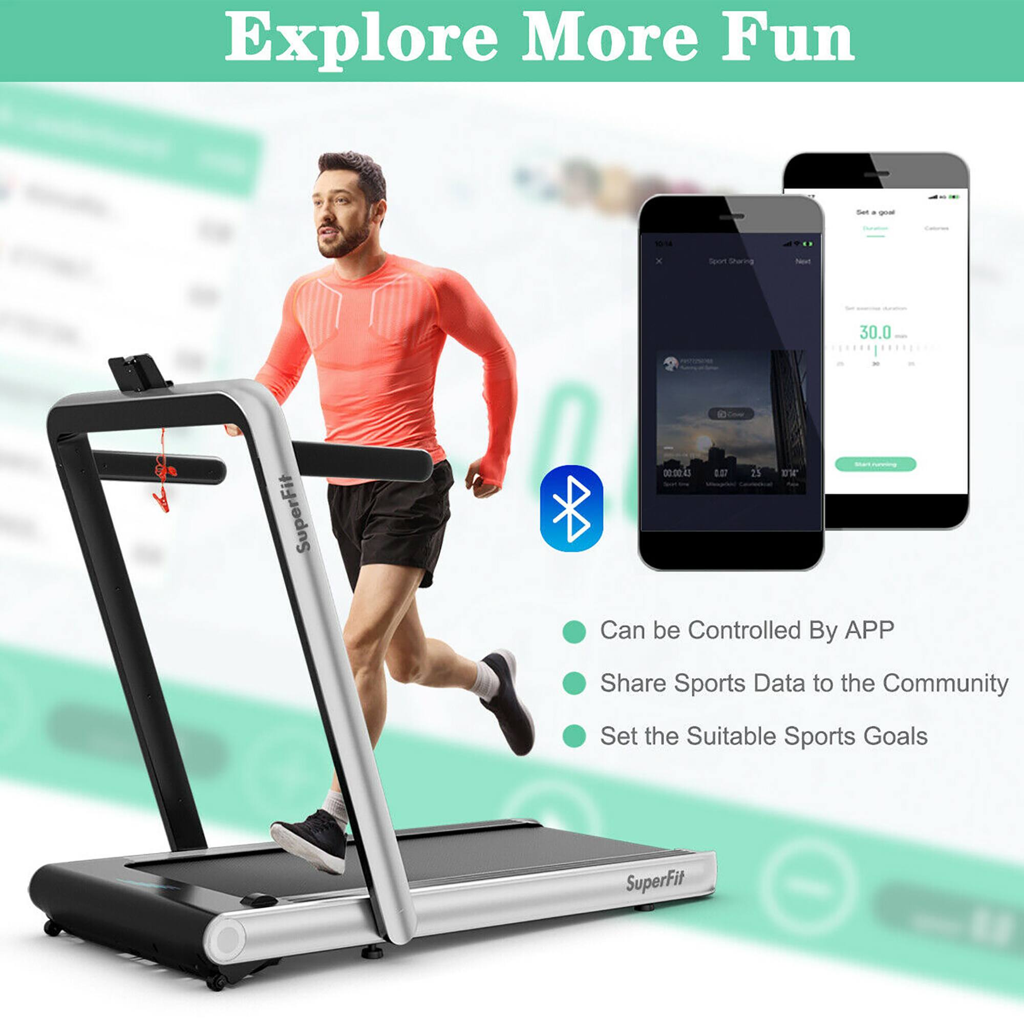 Explore More Fun . - 1514 K Sout sharng a 30.0 - SuperFit 300 i 107 25 EX Can be Controlled By APP Share Sports Data to the Community Set the Suitable Sports Goals SuperFit