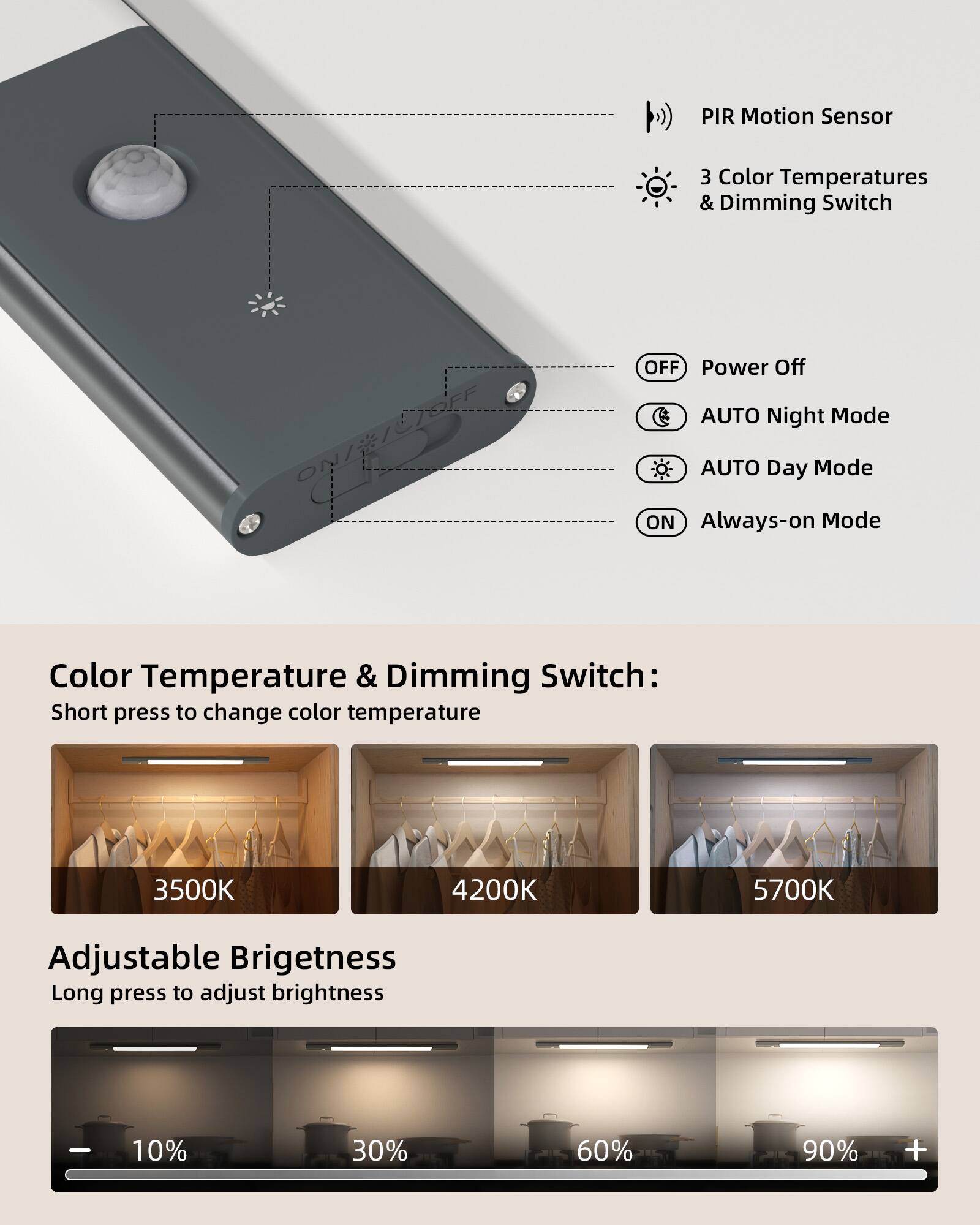 PIR Motion Sensor  
3 Color Temperatures & Dimming Switch  

Switch ON/OFF  
Power Off  
AUTO Night Mode  
AUTO Day Mode  
ON Always-on Mode  

Color Temperature & Dimming Switch:  
Short press to change color temperature  
3500K  
4200K  
5700K  

Adjustable Brightness  
Long press to adjust brightness  
10%  
30%  
60%  
90%