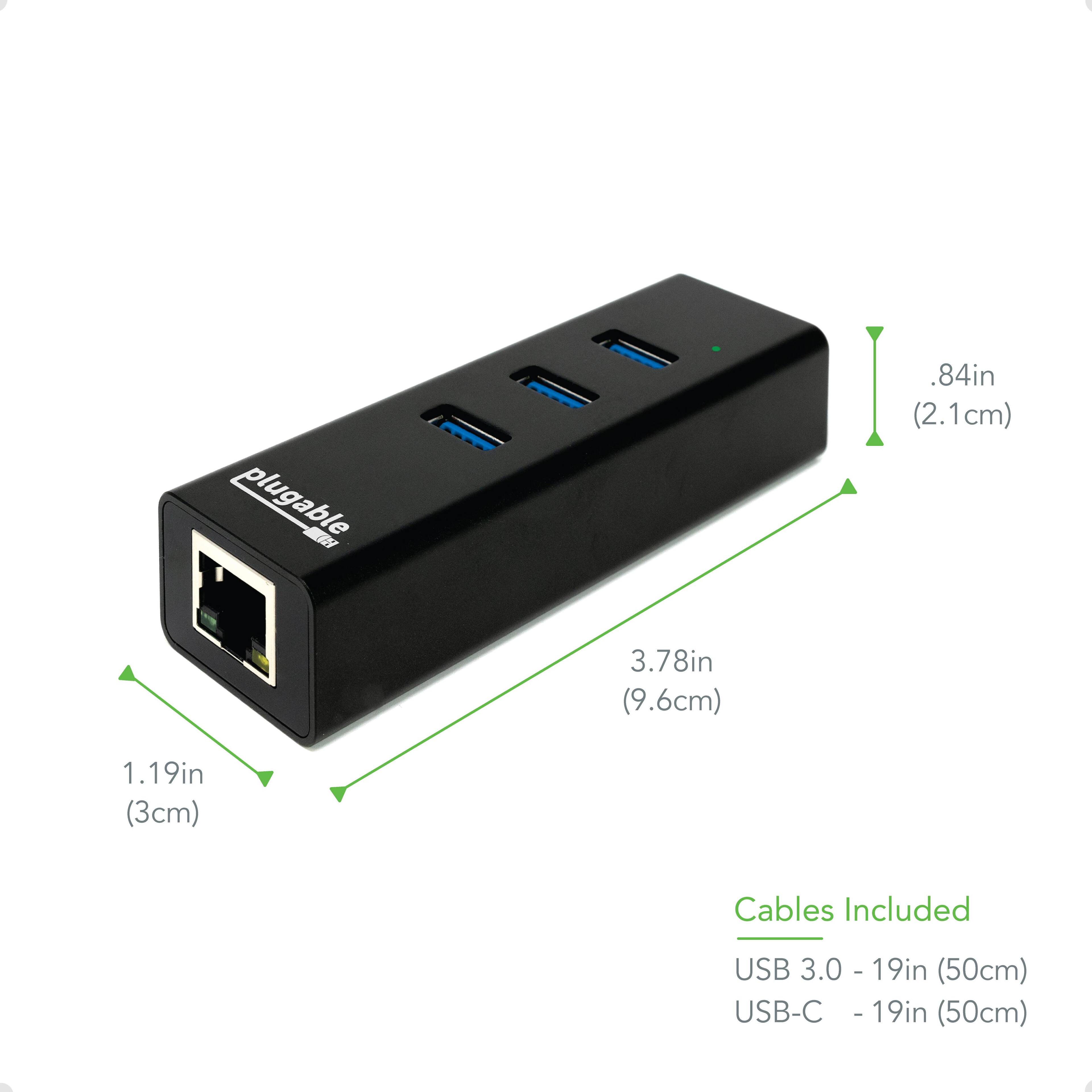 plugable

.84in (2.1cm)  
3.78in (9.6cm)  
1.19in (3cm)

Cables Included  
USB 3.0 - 19in (50cm)  
USB-C - 19in (50cm)