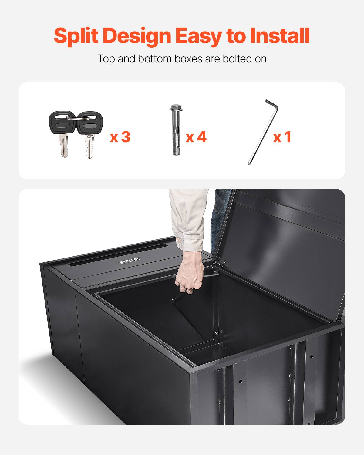 Split Design Easy to Install
Top and bottom boxes are bolted on
x3 x4 x1 x1