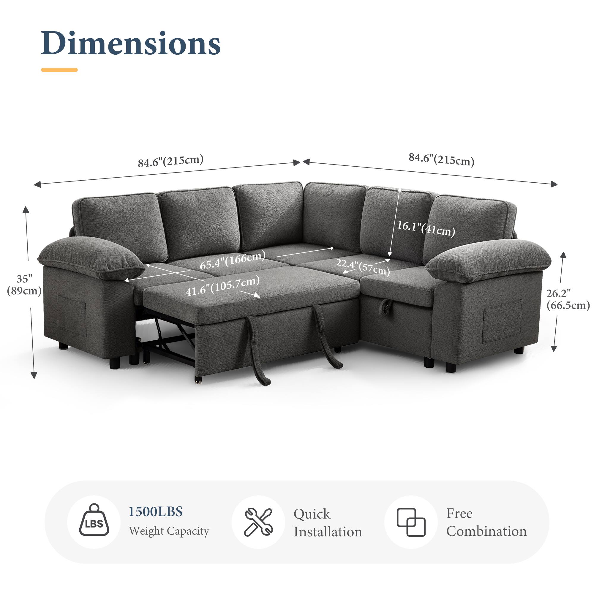 Brick Attic 4 to 7 Seat Modular Pull Out Sofa Bed with Storage Ottoman ...
