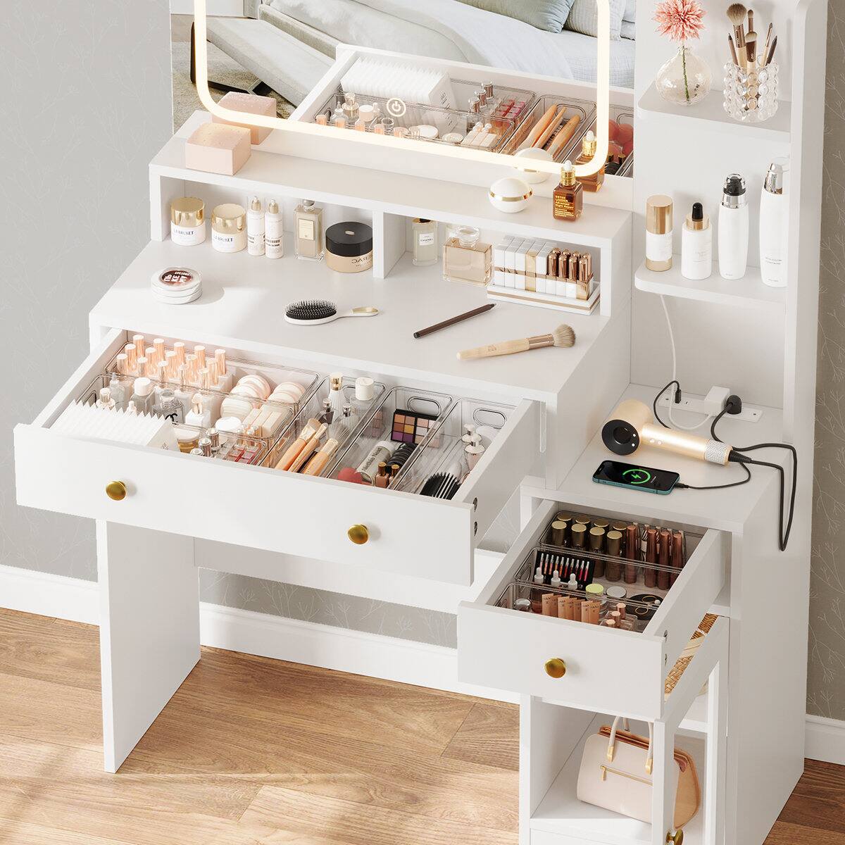 Alt View 1. Furnulem - 35 In Vanity Desk with Mirror and Lights Makeup Vanity with Drawers - White.