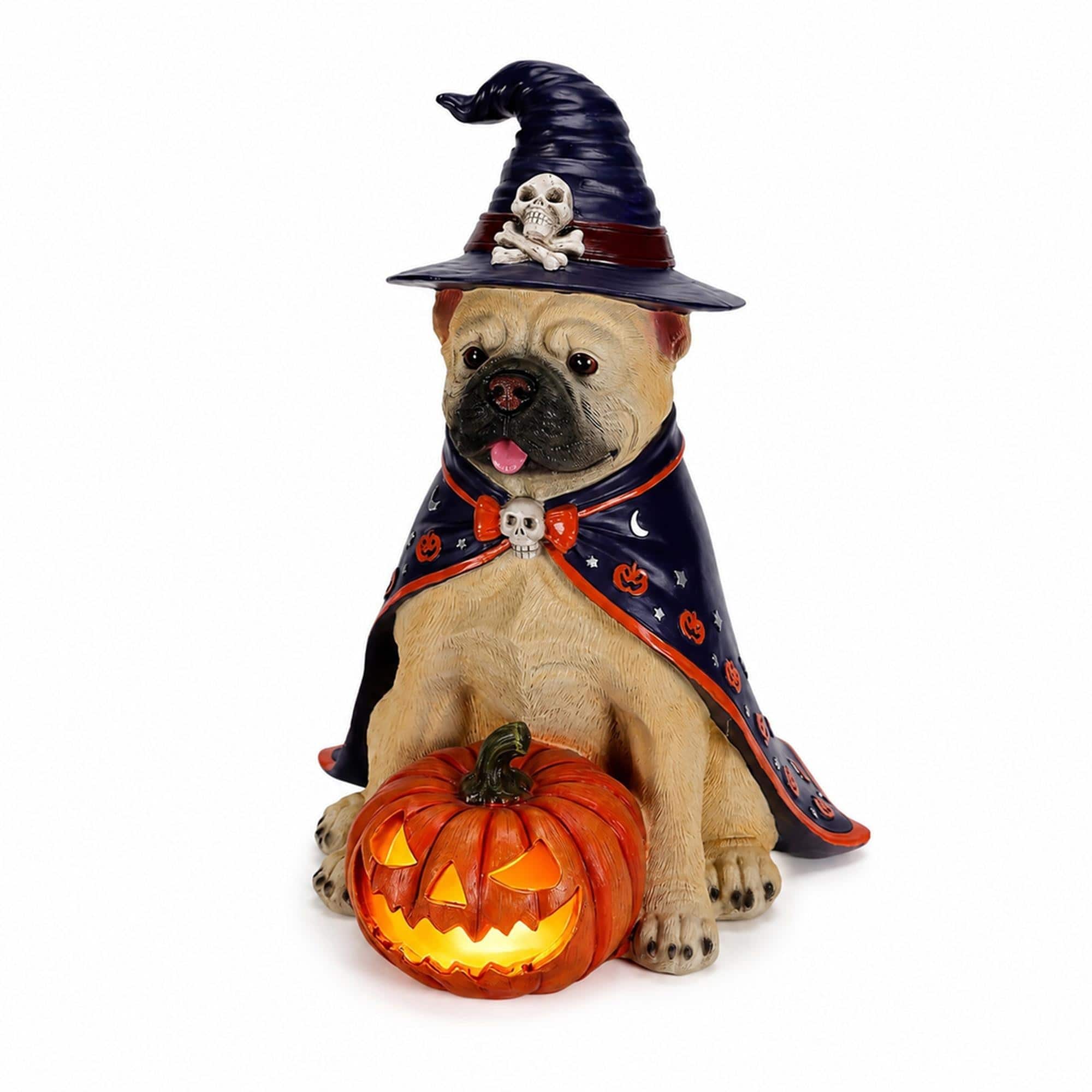 Front. RYHNUYNE - Halloween Bulldog Witch Statue with Glowing Jack-O-Lantern Pumpkin for Porch Entryway and Party Displays - Beige.