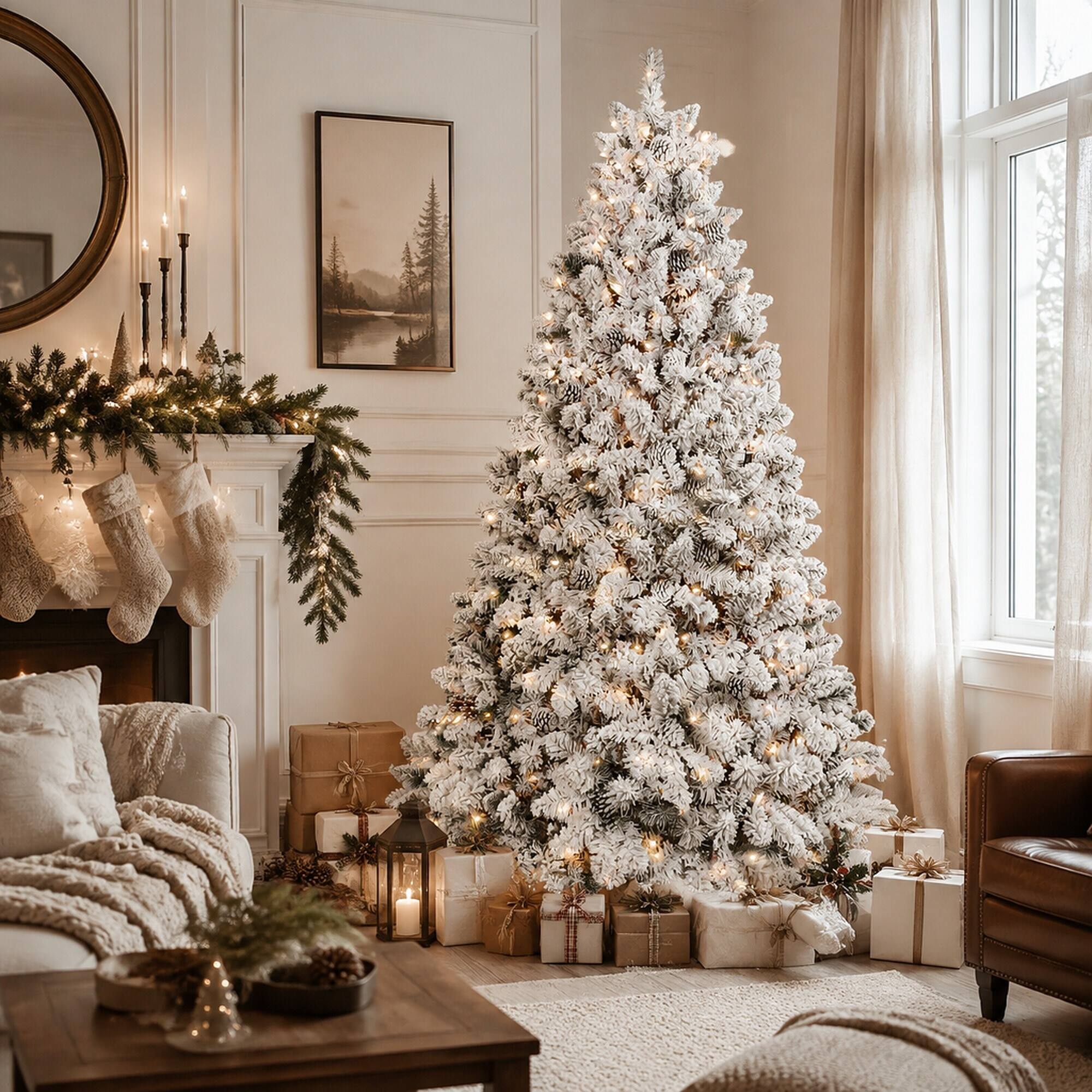 Left. RYHNUYNE - 8FT Flocked Pre-Lit Christmas Tree, 700 Lights 54 Natural Pine Cones 1754 Snowy PVC Tips Hinged Structure Easy Setup - Green,White.