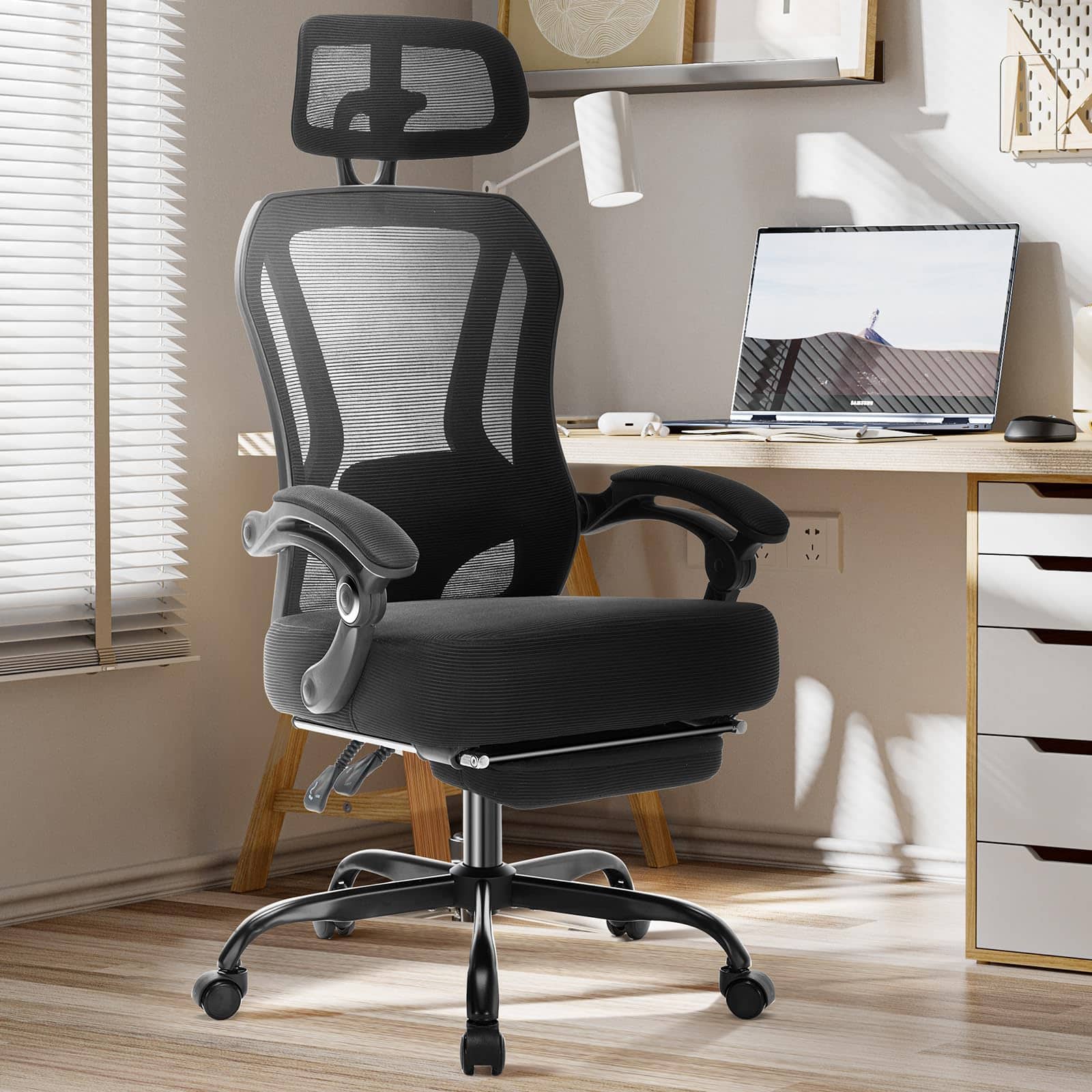 Hirose Alice - Ergonomic Office Chair with Footrest,Ultra Thick Reclining Desk Chair with Adjustable 2D Lumbar Support and - Black